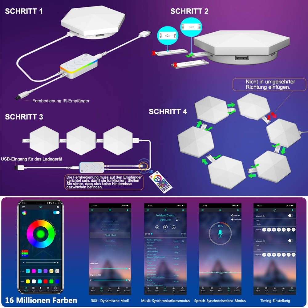 Rosnek LED RGB, App LED-Sechseck-Leuchten, Bluetooth, Musiksyn, Spielzimmer, Schlafzimmer und Bluetooth, Smart für Fernbedienung DIY, Wandleuchte RGB