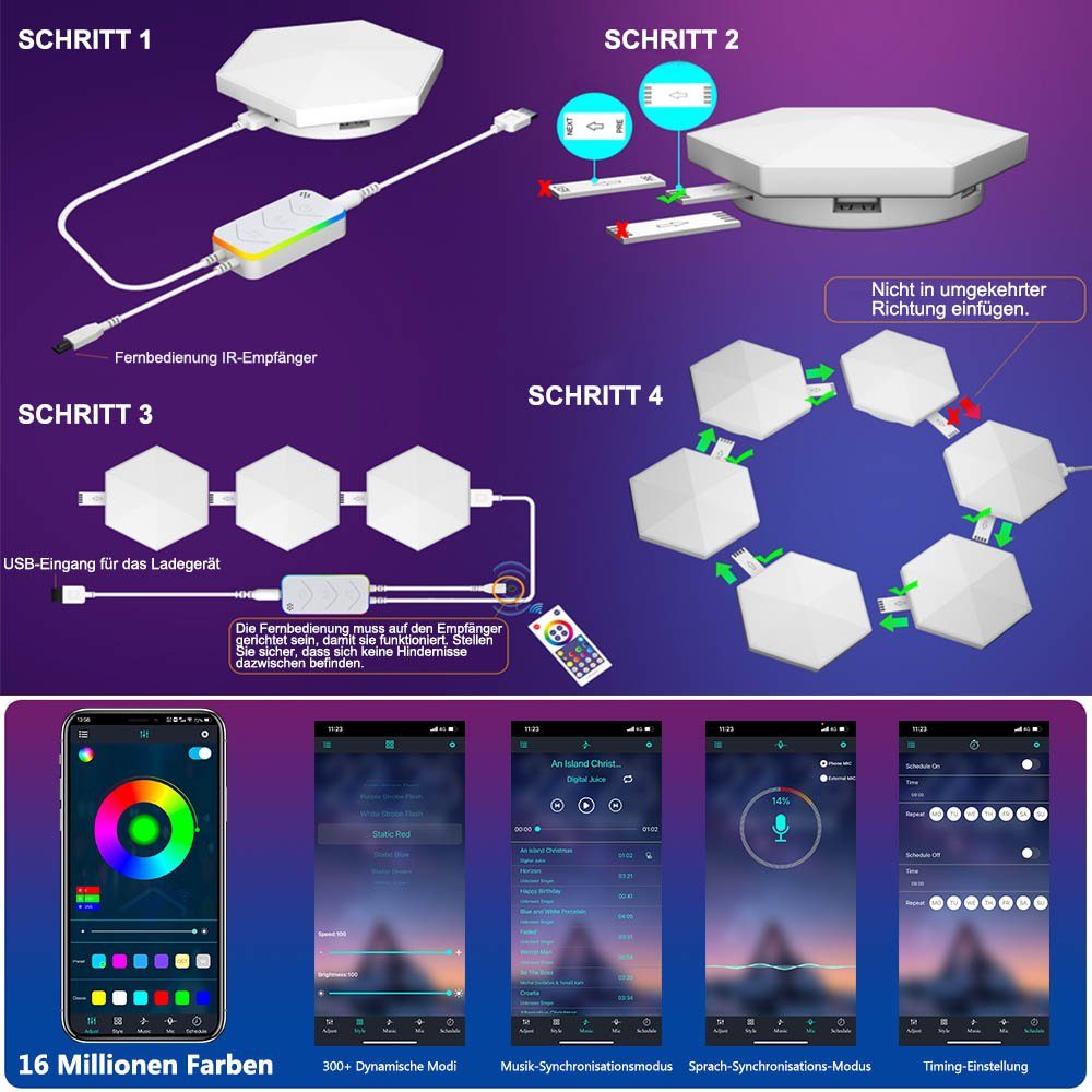 LinkedSparx 8er Pack LED-Hexagon-Panels – RGB-Gaminglicht Mit App, Musik-Sync & Fernbedienung Für Wohnzimmer, Schlafzimmer & Gaming-Room