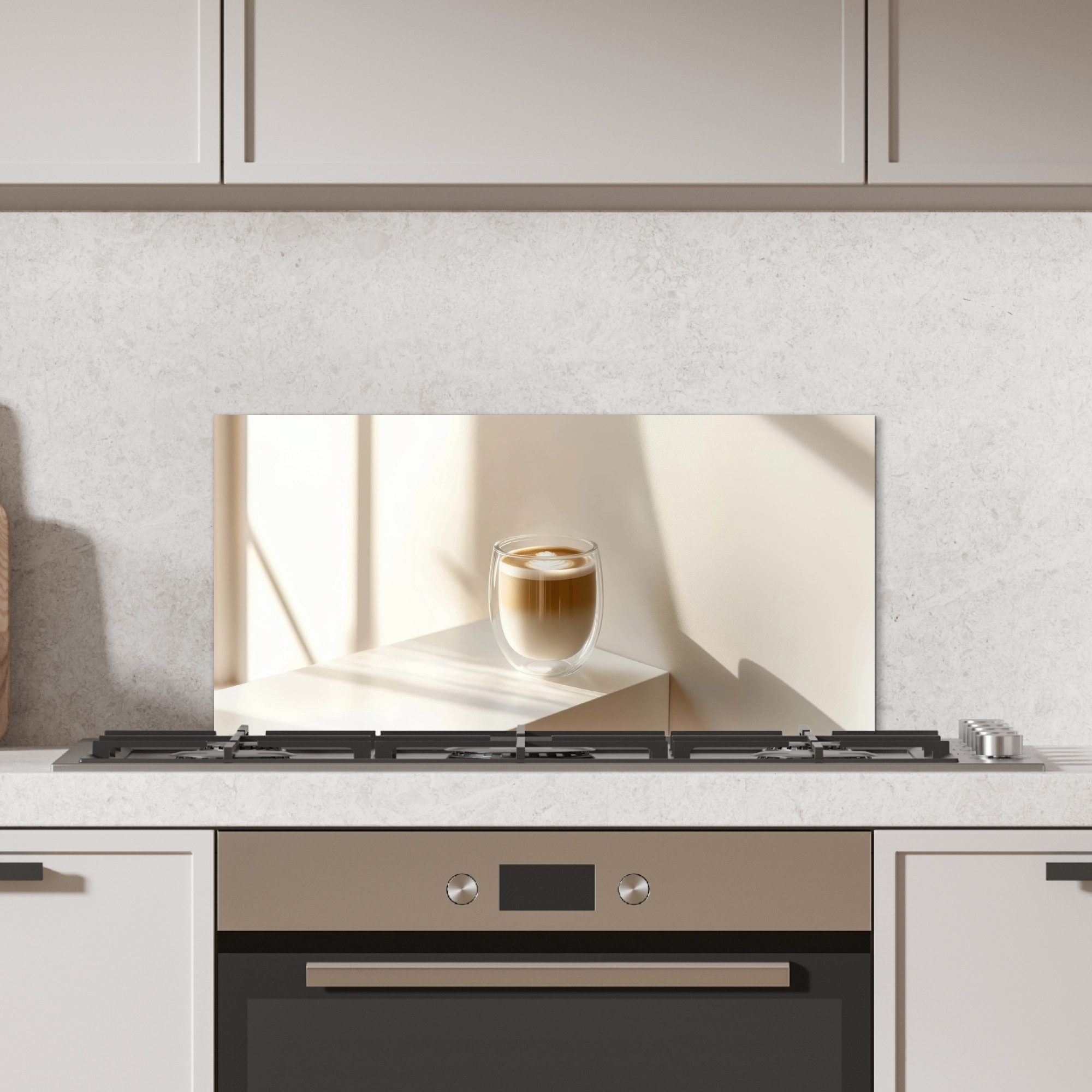 KitchenYeah Küchenrückwand Becher - Latte - Minimalistisch - Schatten, (1-tlg), Spritzschutz Küchenrückwand, Wandschutz, 60x30 cm