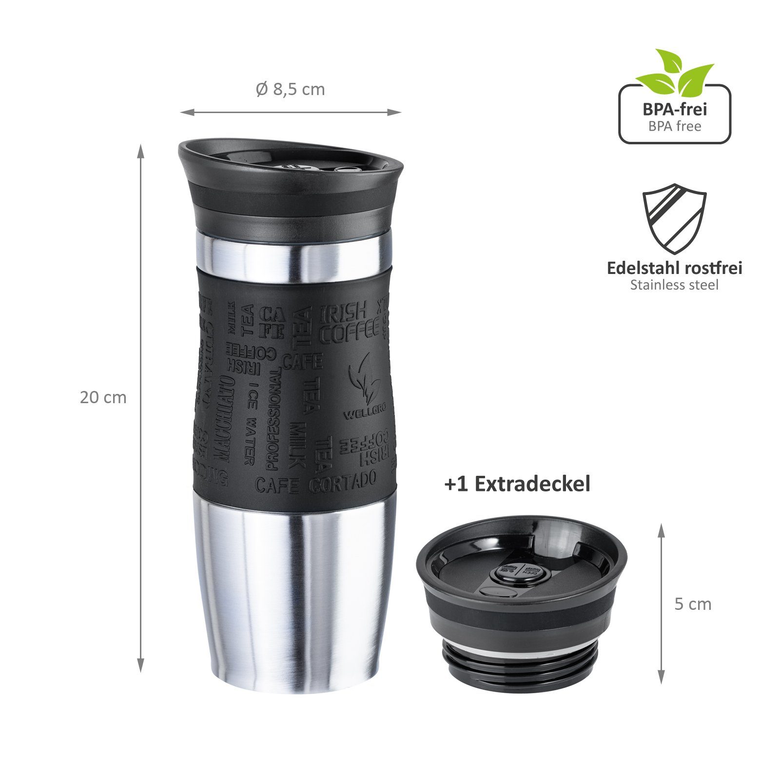 Wellgro Thermobecher Thermobecher 400 ml inklusive 1 Extradeckel