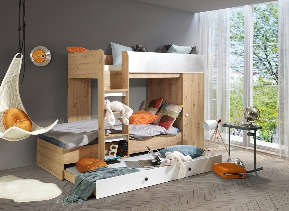 QMM TraumMöbel Hochbett Etagenbett "SAM 2" für 2-3 Kinder mit Schrank eiche (2-3 Liegeflächen mit Leiter & Schrank)