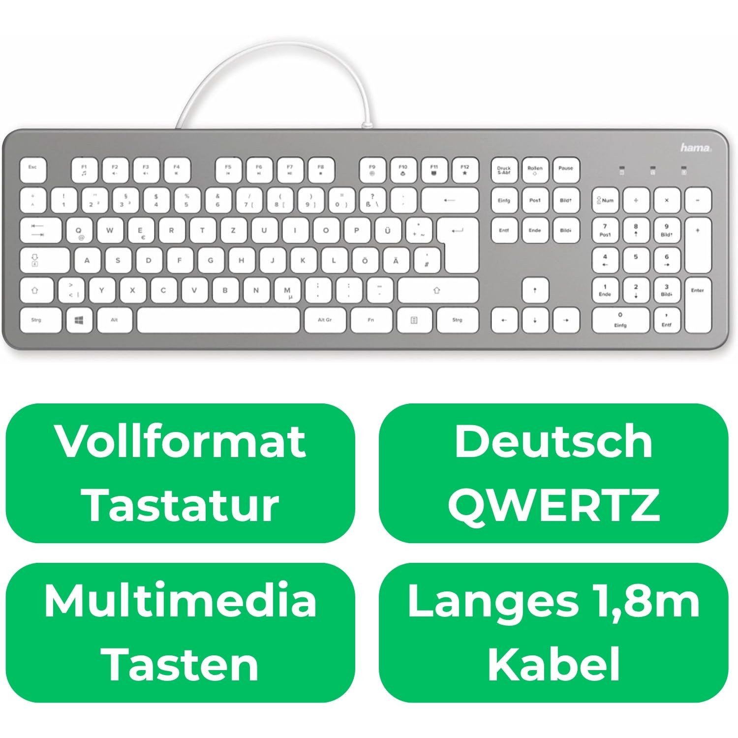 Hama Slim Keyboard Tastatur KC-700 DE-Layout Silber Gaming-Tastatur (Voll-Tastatur Scissor-Tasten Leise Ziffernblock Num-Pad Flach Office)