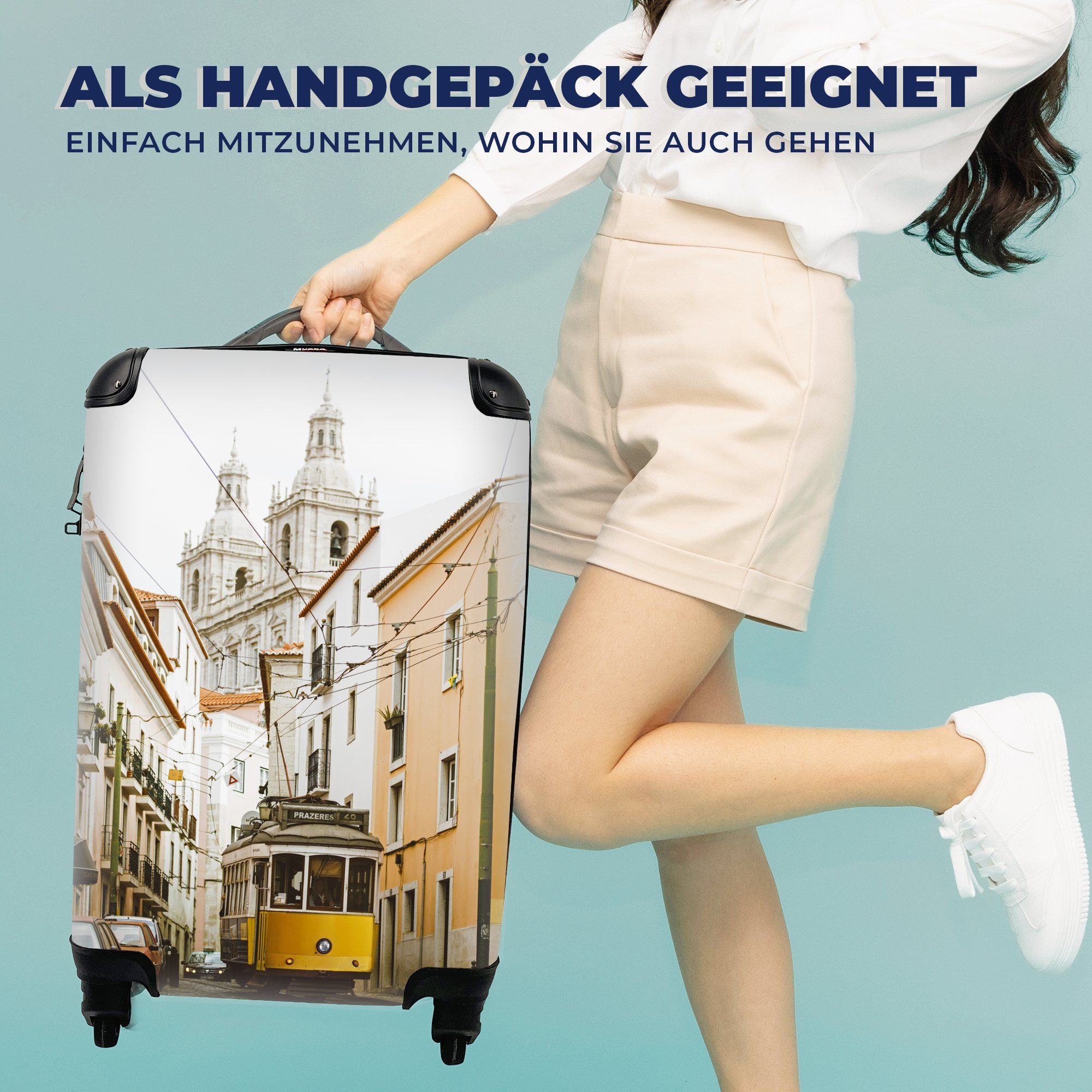 durch für Trolley, Handgepäckkoffer Reisekoffer Die 4 gelbe Straßenbahn MuchoWow fährt Ferien, rollen, Reisetasche berühmte Handgepäck Rollen, mit Lissabon,