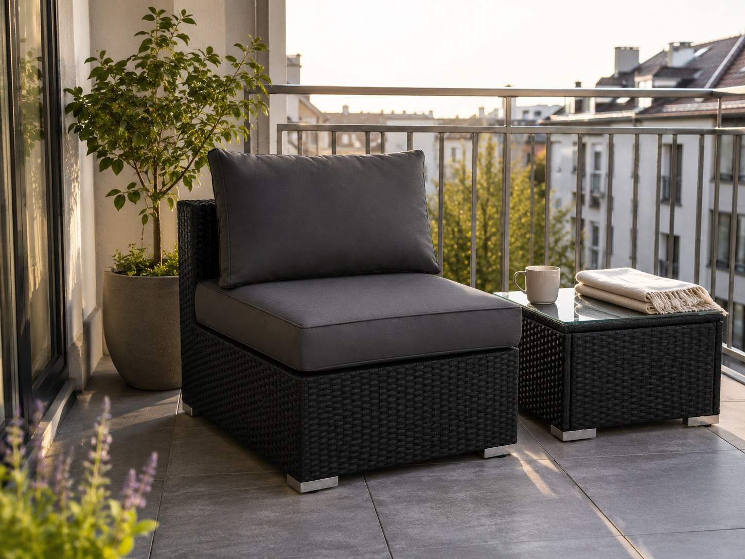 MeXo Gartenlounge-Set Balkonmöbel Set Modulsofa, (Loungesessel Outdoor, Gartenmöbel Set Klein mit 1 Tisch und 1 Sofa), 10 cm Kissen, wetterfest