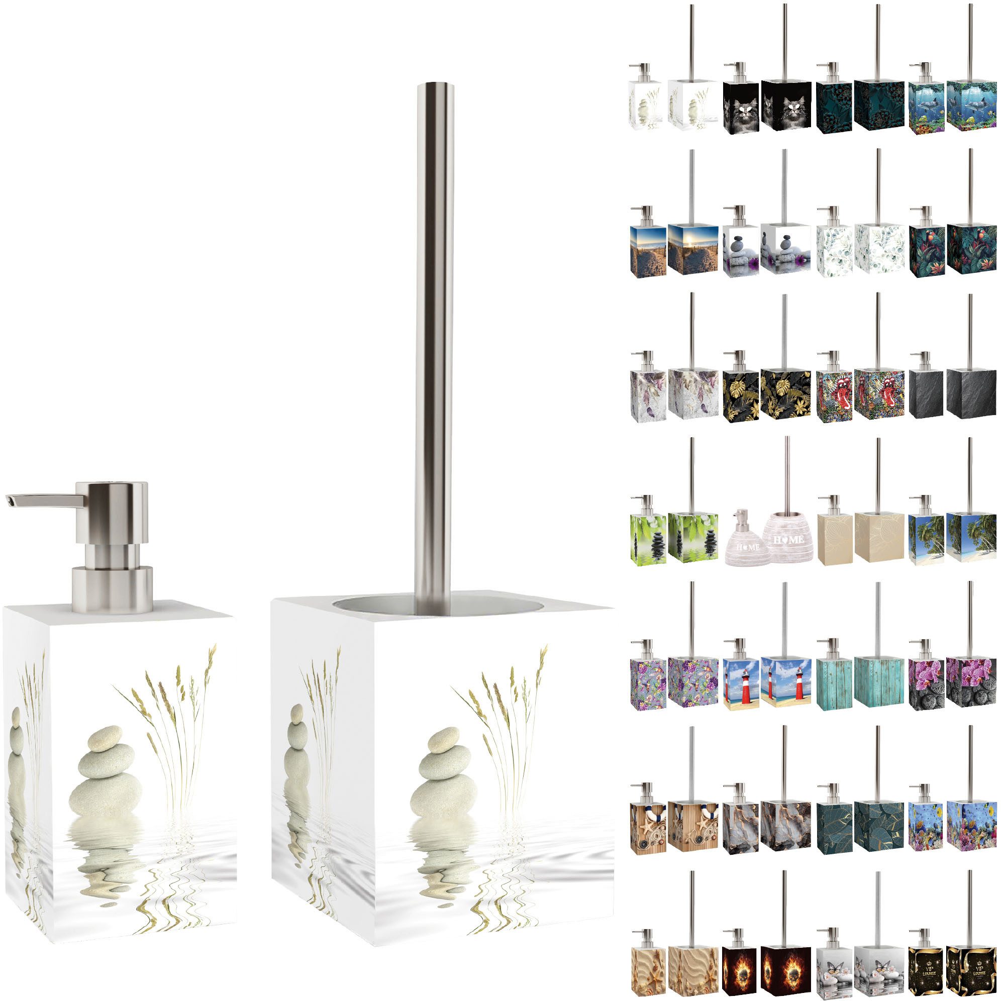 Sanilo Badaccessoire-Set mit Motiv, viele schöne Seifenspender und WC Bürsten zur Auswahl, Klobürste mit auswechselbaren Bürstenkopf, 2 tlg., 2-tlg., Desinfektionsspender mit stabiler Pumpe, hochwertig & modern