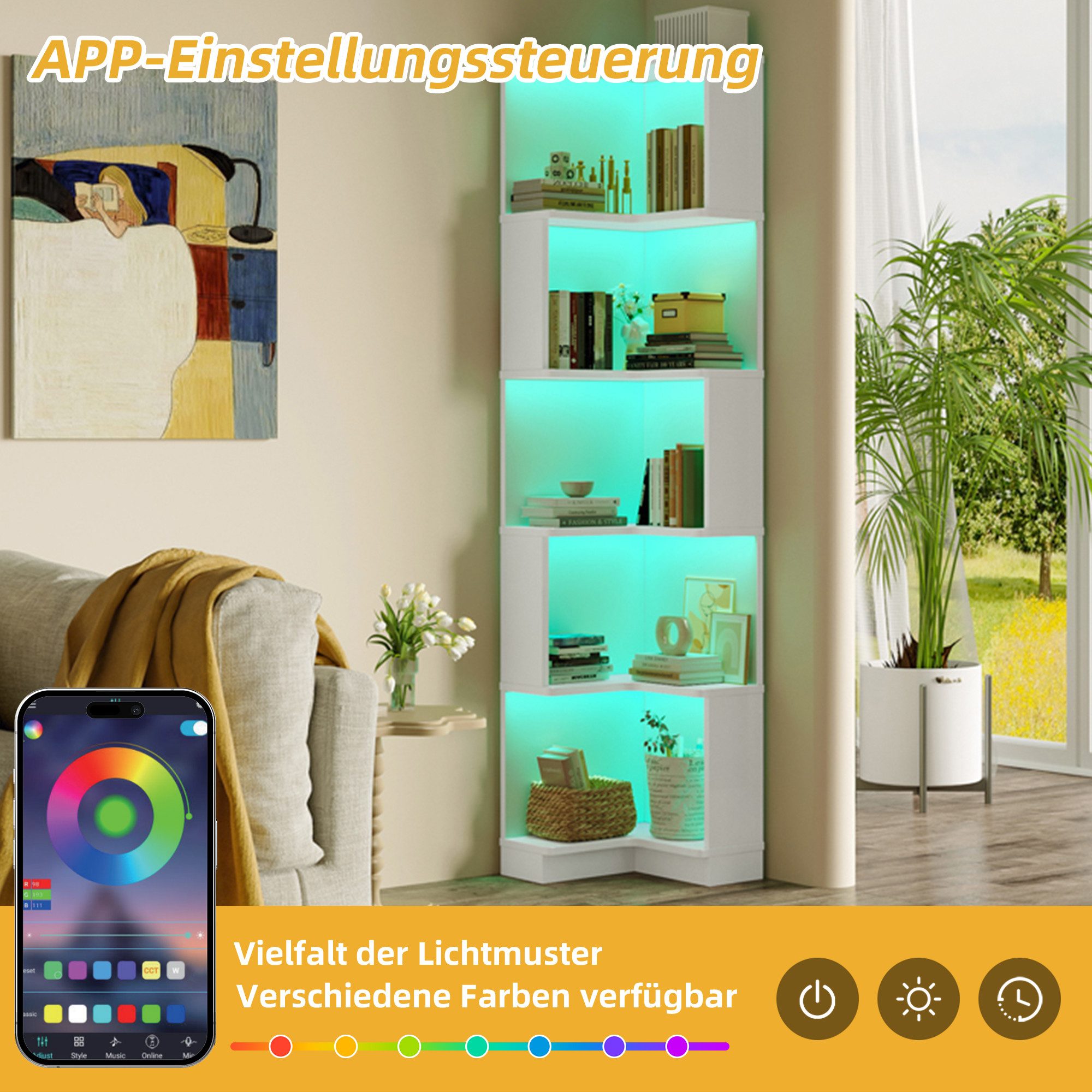 Flieks Bücherregal Standregal Eckregal mit LED-Beleuchtung und 6 Ebenen/5 Ebenen, B63,5/T45/H175 cm 1-tlg., Eckbücherregal mit 5 Fächer L-förmig Hochschrank Eck – Bild 5 von 5