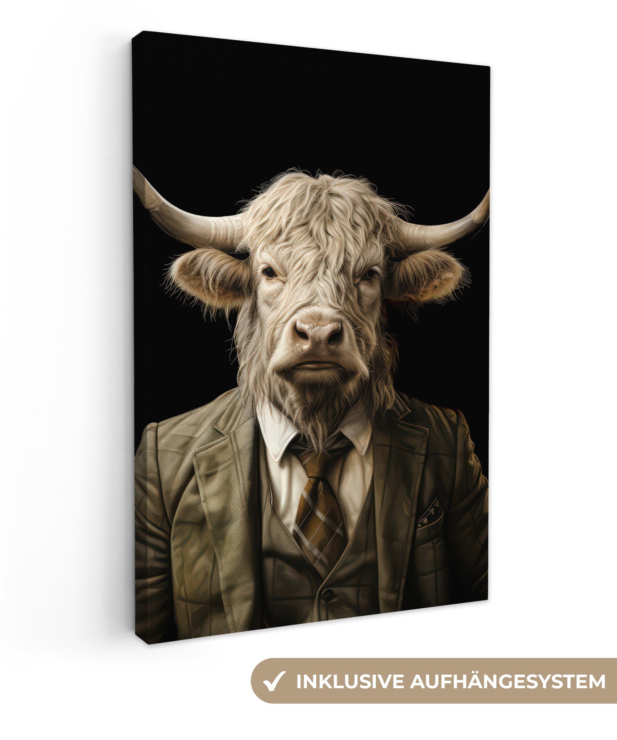 OneMillionCanvasses® Leinwandbild Schottischer Hochländer - Porträt - Kuh - Tier, Schwarz - Tier (1 St), Bilder groß Wohnzimmer Schlafzimmer 80x120 cm