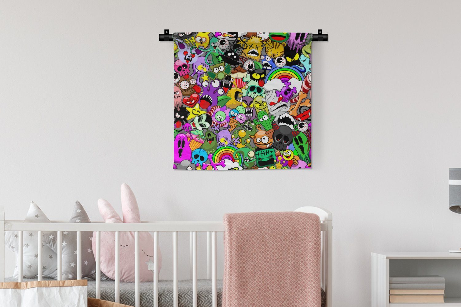Wohnzimmer, - MuchoWow Wanddekoobjekt Lustig Wandbehang, Kleid, - - Wanddeko Schlafzimmer, Neon Monster für Kinder, - Regenbogen - Muster Kinderzimmer