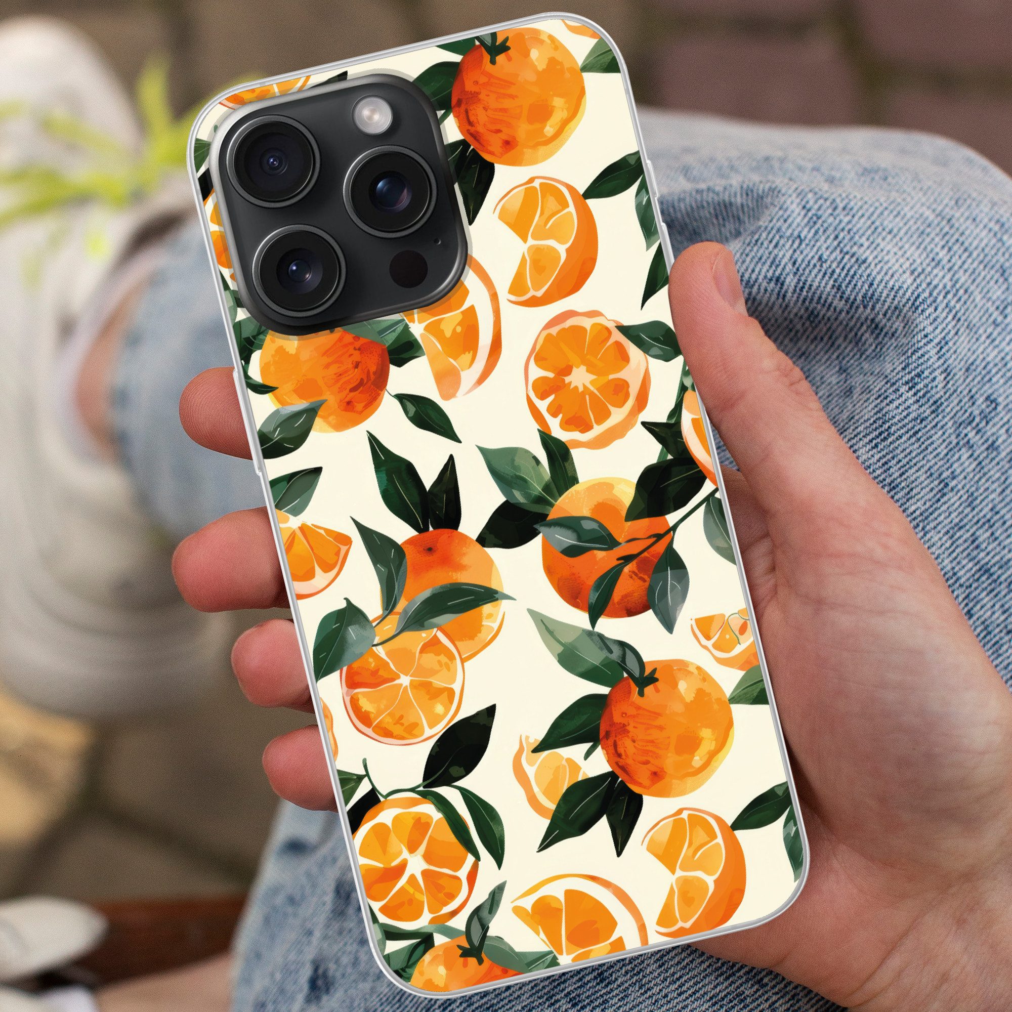 MuchoWow Handyhülle für Apple iPhone 15 Pro Max Orangen - Früchte - Blätter - Orange - Grü, Smartphone-Bumper, Print, Handy Schutzhülle Dünn