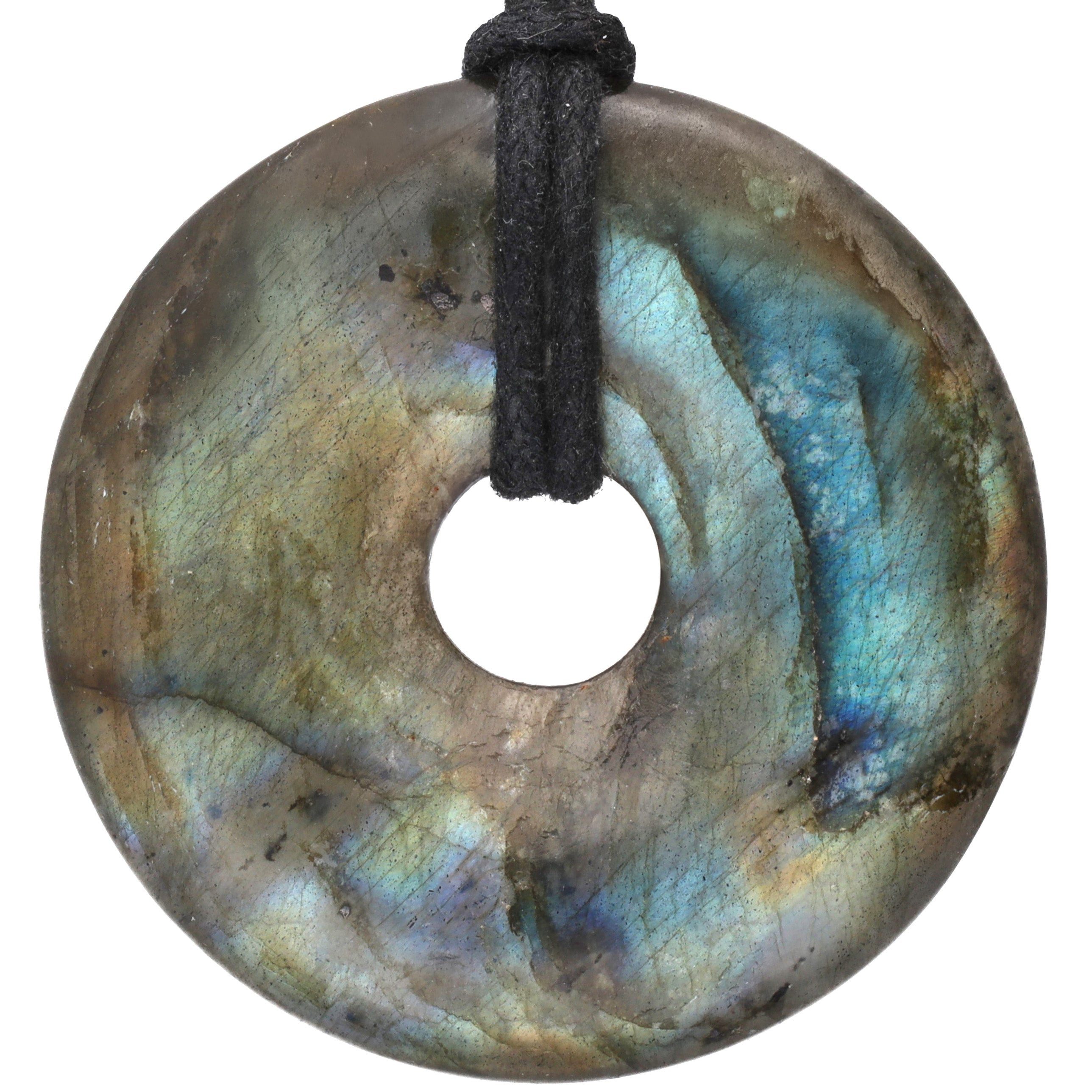 Lebensquelle Plus Edelstein Labradorit Donut, 40 mm Anhänger + Baumwollband