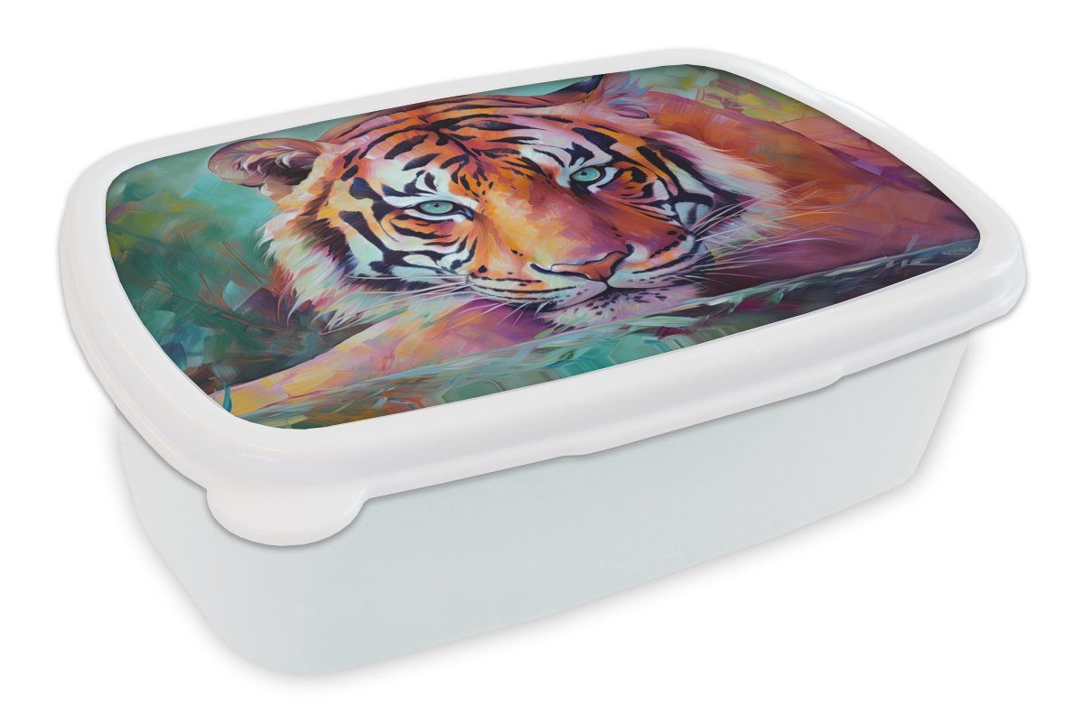 weiß - Tiger Ölfarbe Jungs Mädchen für Brotbox - Erwachsene, Tiere Kinder Brotdose, und Kunststoff, und Lunchbox - Kunst, für (2-tlg), MuchoWow