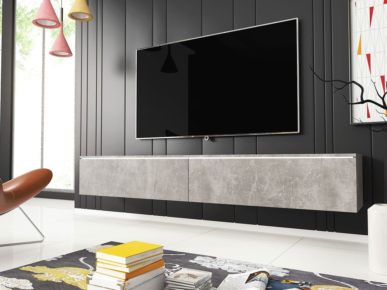 Mirjan24 TV-Schrank D180 Stilvoll TV-Tisch, 2 Türen, Modern Wohnzimmer Beton