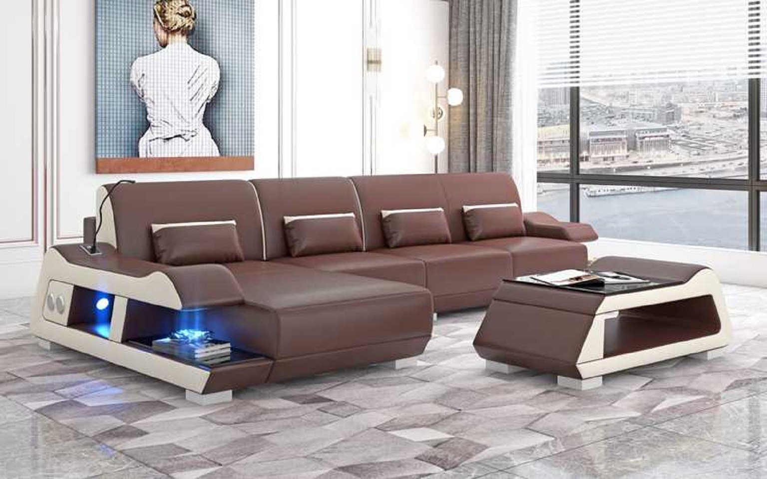 Eckgarnitur Ecksofa Moderne Couchen, Braun 3 Ledersofa JVmoebel Europe Ecksofa Form Couch Teile, in Sofa L Luxus Made