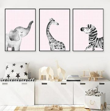 TPFLiving Kunstdruck (OHNE RAHMEN) Poster - Leinwand - Wandbild, Elefant, Giraffe, Zebra - Für Kinderzimmer - Auch im 3er Set (Mädchenzimmer, Babyzimmer, Jungenzimmer, Kindergarten), Farben: Pastel, schwarz, weiß, grau, rosa - Größe: 10x15cm