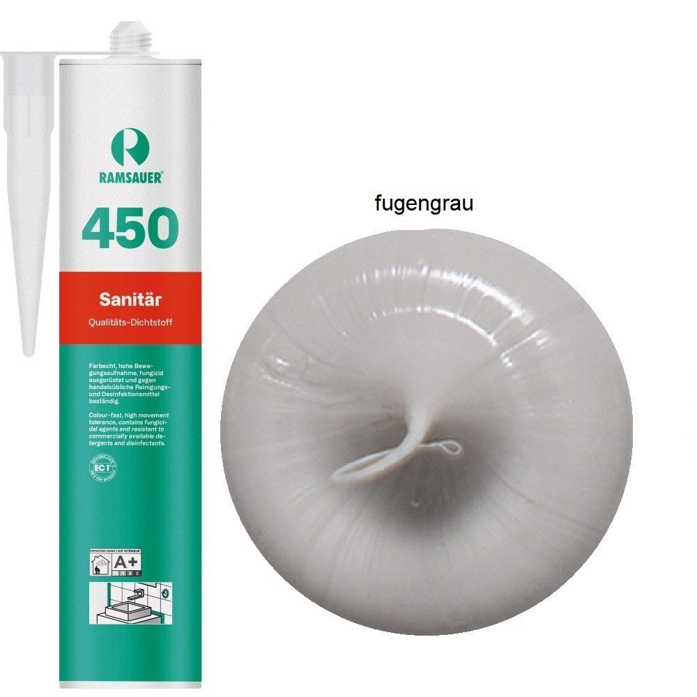 Ramsauer Dichtstoff Ramsauer 450 Sanitär Silikon Dichtstoff 310ml Kartusche fugengrau, gebrauchsfertig, chemisch widerstandsfähig, schnellhärtend, UV-beständig, pilzhemmend
