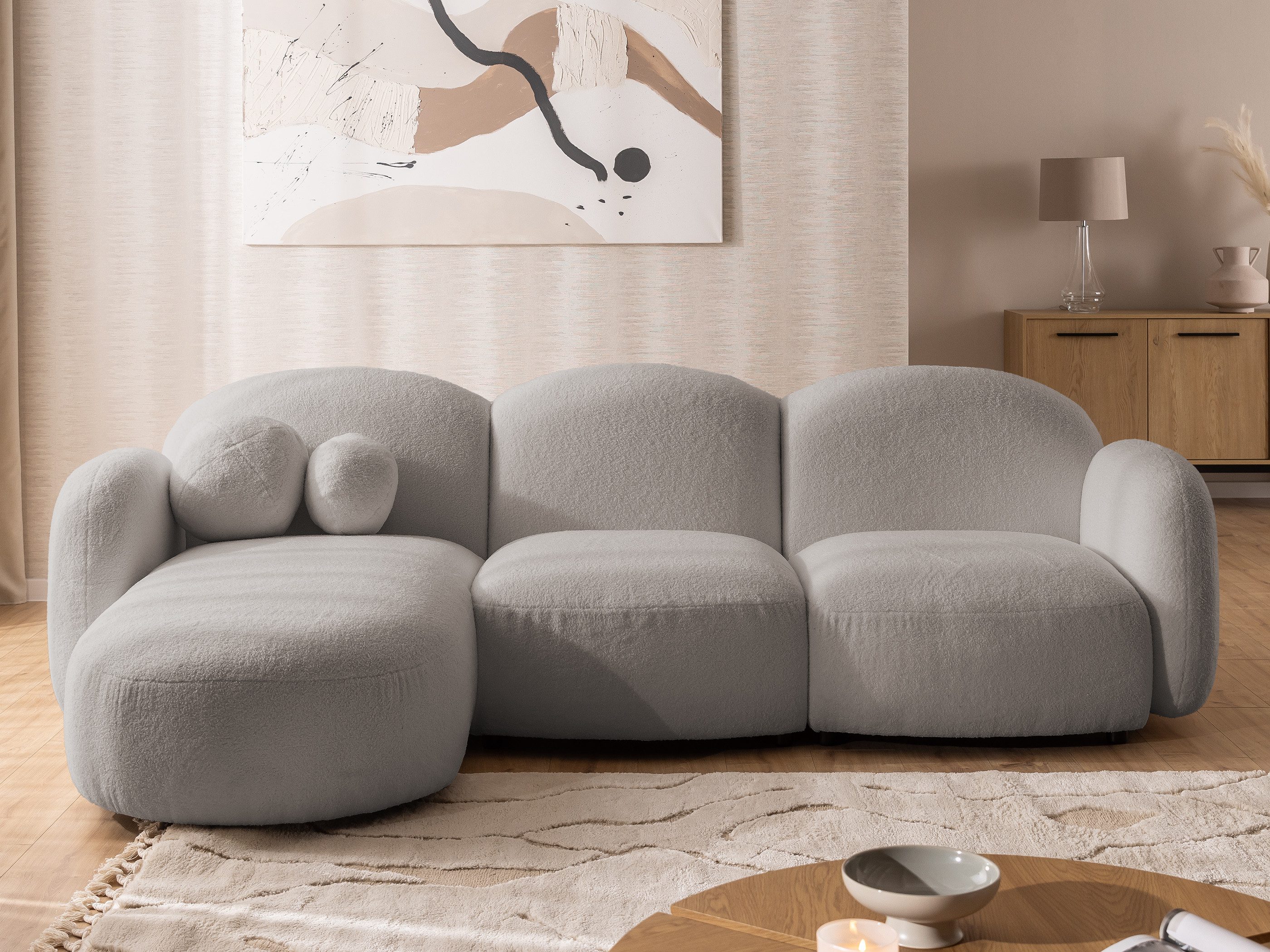 S-Style Möbel Ecksofa Nuvola aus Bouclé-Stoff mit abgerundetem Design und hohem Sitzkomfort, mit Wellenfederung