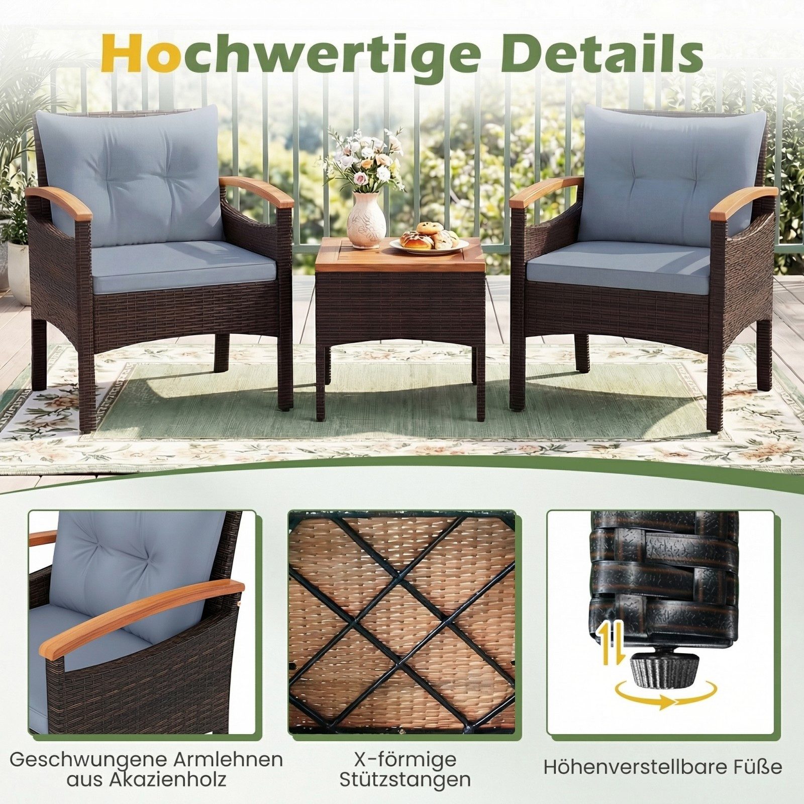 KOMFOTTEU Sitzgruppe Gartensessel, (Set, 3-tlg), Terrassenmöbel mit Kissen