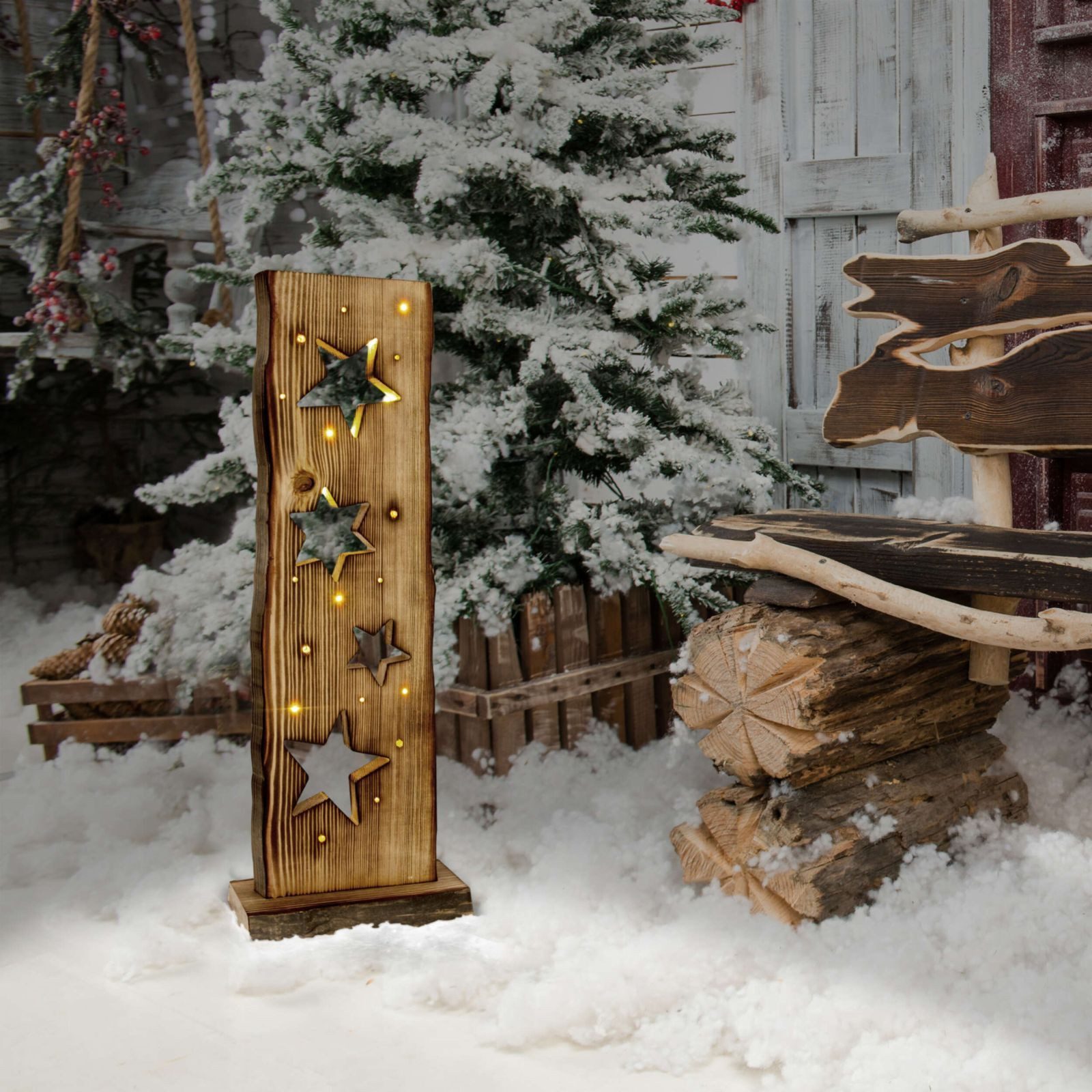 bmf-versand Gartenleuchte Weihnachtsbeleuchtung Draußen LED Weihnachtsdeko Außen Holz mit Timer, Sterne, LED, Warmweiß, Timerfunktion, Garten Lampe