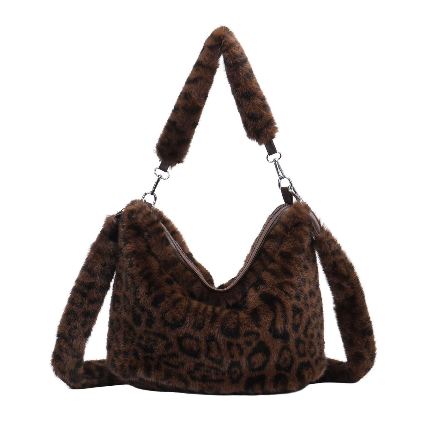 ITALYSHOP24 Schultertasche DAMEN PELZTASCHE Hobo Bag Leopard Print Shopper Felltasche CrossOver, Leo Umhängetasche Teddytasche Kunstpelz Handtasche Plüsch Crossbody