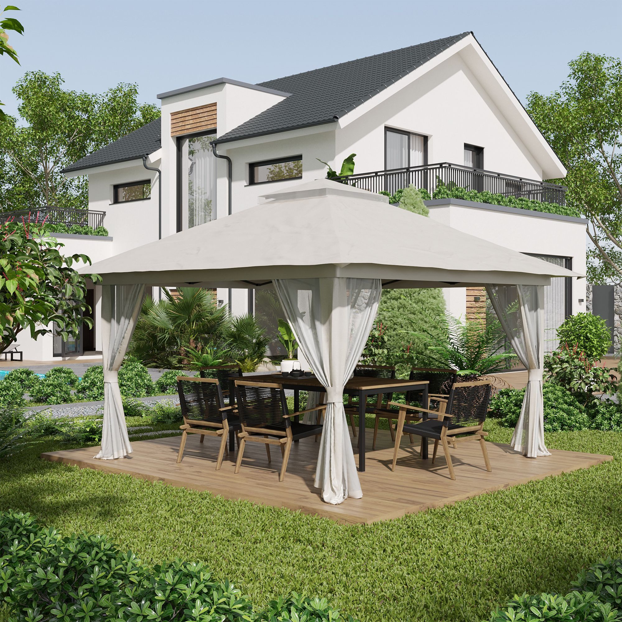 Outsunny Faltpavillon Pavillon 4x4m Stabil Winterfest Pop-up Gartenpavillon, mit 4 Seitenteilen, (Bierzelt, Partyzelt), für Garten, Balkon, Cremeweiß