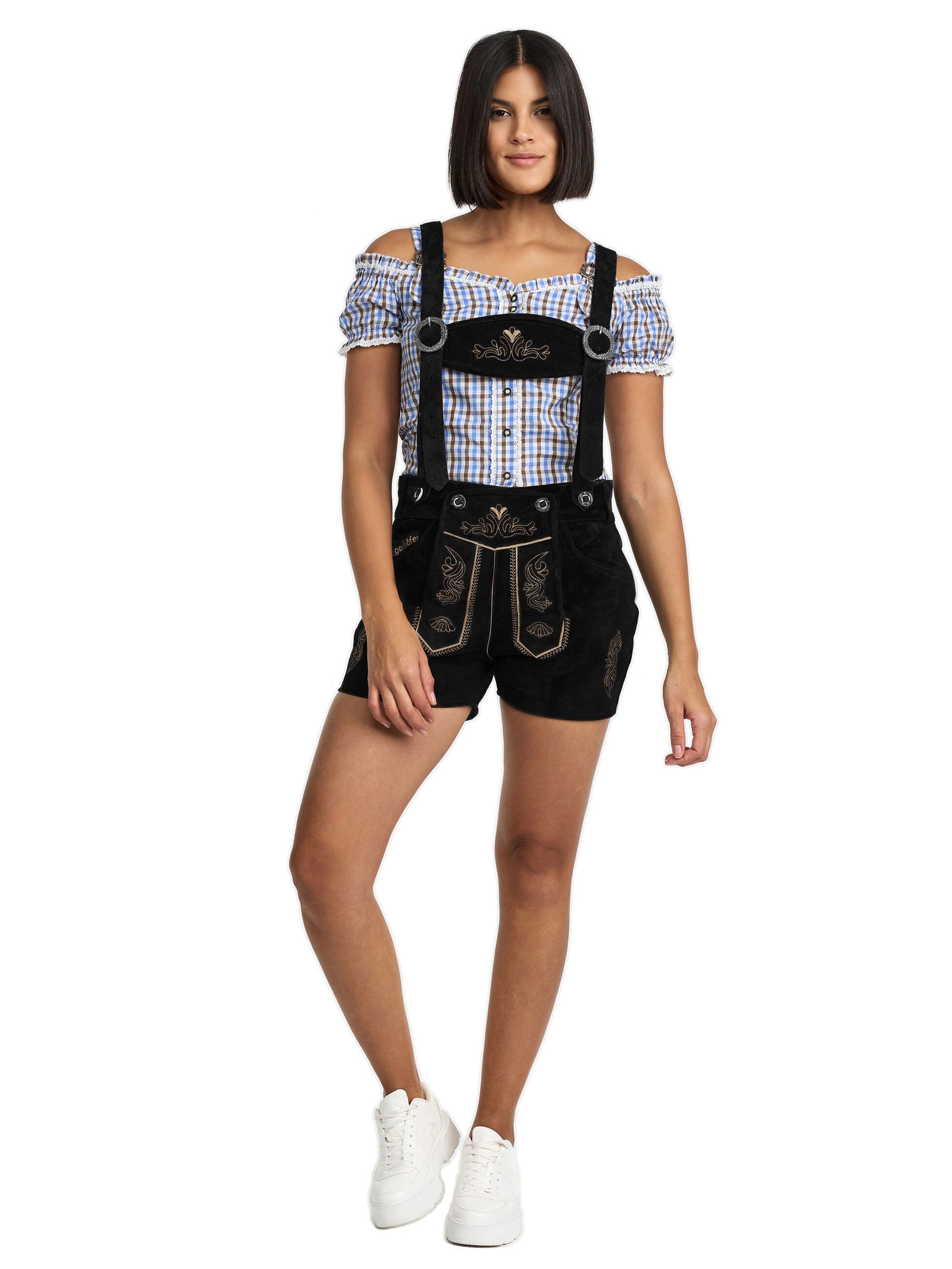 Steigenhöfer Manufaktur Trachtenlederhose Lederhose Damen Shorts Hotpants - 100% Rindsleder - Kurze Hose (Inklusive verstellbaren Trägern) Traditionelles Design - Mit Gürtelschlaufe - Dirndl Alternative