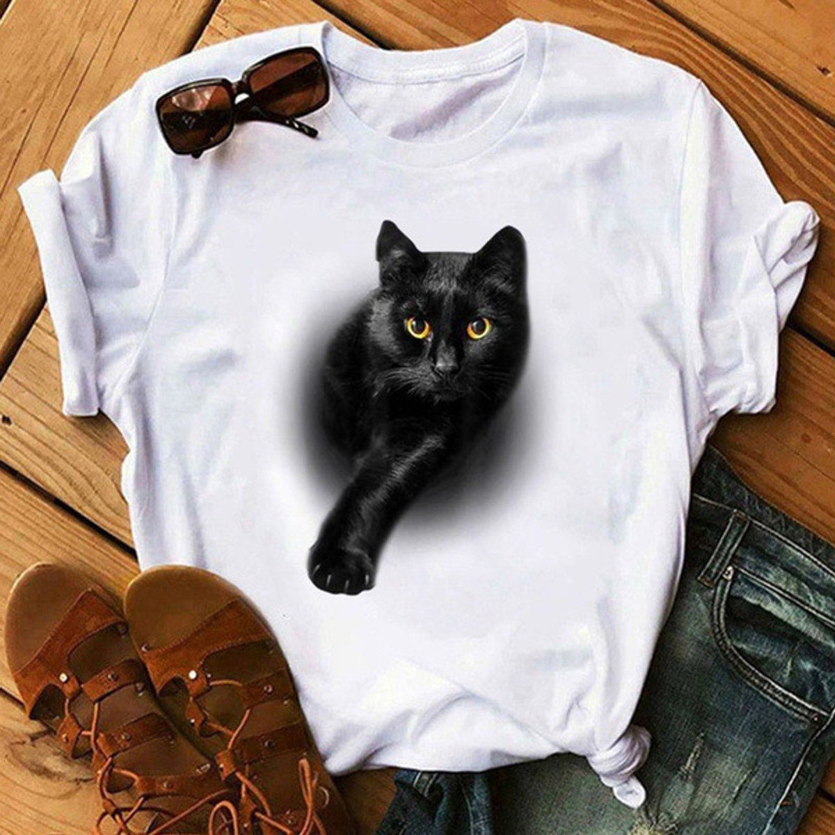 Einkaufszauber T-Shirt Tshirt Schwarze Katze 3D-Effekt - plastischer Druck Optischer dreidimensionaler Effekt