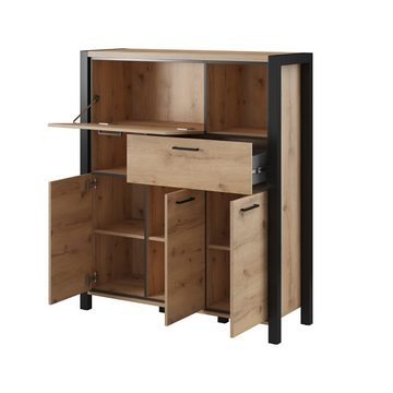 Lomadox Highboard ACCRA-83, Wohnzimmer in Taurus Eiche Nb. und schwarzem Gestell, : 120/140/41 cm