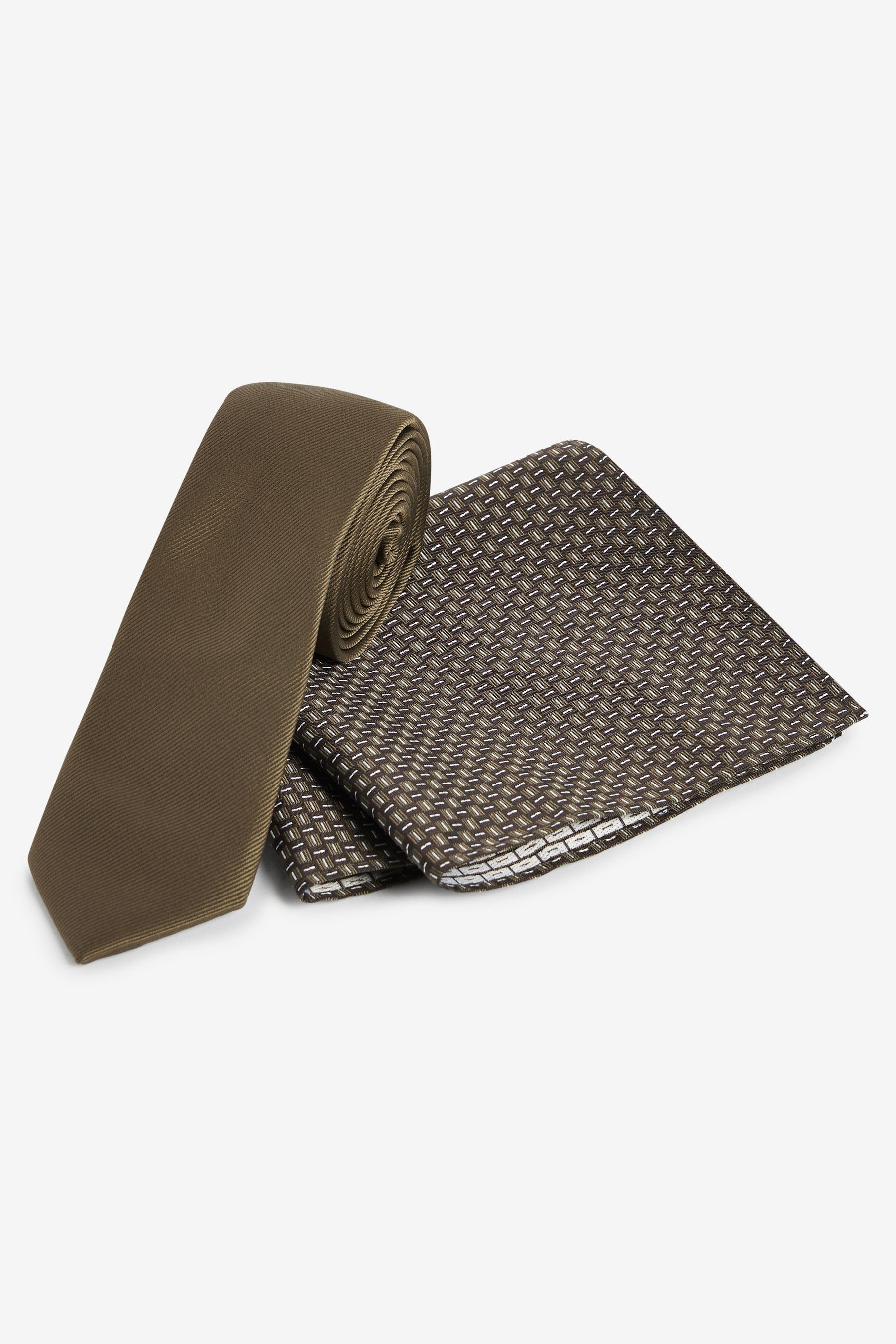 Next Krawatte Krawatte und Geo-Einstecktuch im Set - schmal (2-St) Khaki Green | Breite Krawatten
