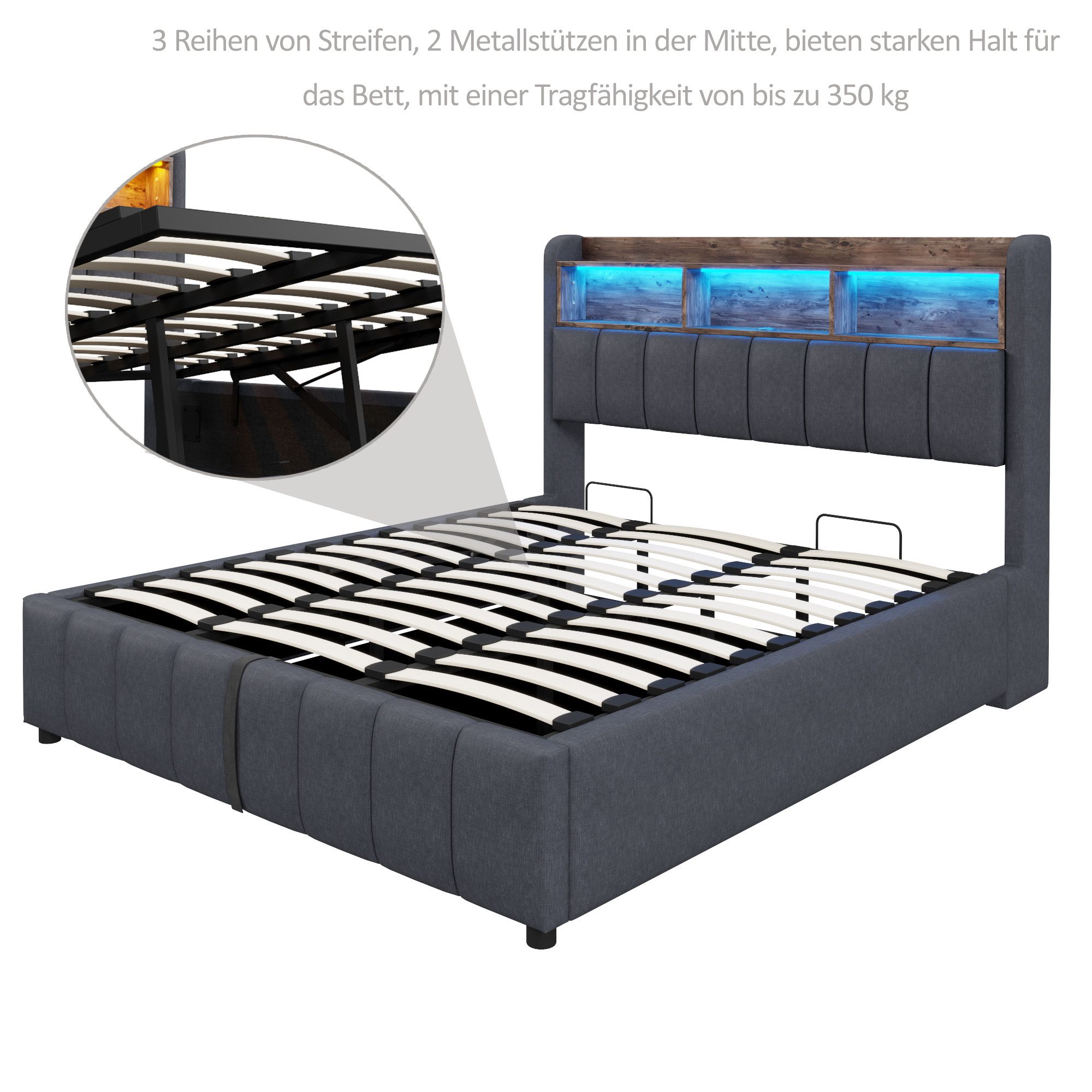 Merax Polsterbett mit hydraulischem Stauraum (215 x 180 x 111 cm, 1-tlg., Leinenstoff), Doppelbett 180x200cm mit LED USB-Anschluss, Kopfteil mit Ablageflächen – Bild 5 von 5