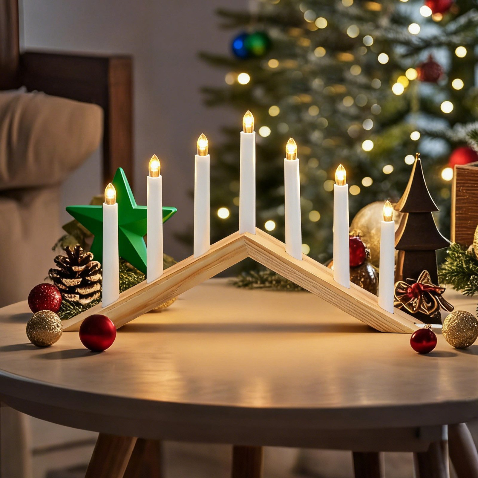 Salcar LED Schwibbogen Holz Schwibbogen Weihnachten Lichterbogen 52 cm mit 7 LED Kerzen, Adventsleuchter Lichterbogen Kerzenbrücke Fenster Deko Weihnachtsdeko