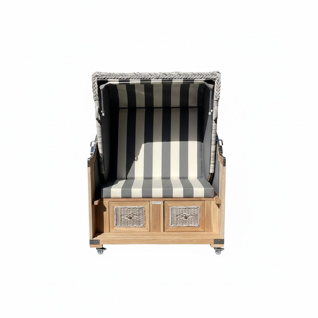 Strandkorb Strandkorb Teak grau/creme Stoff 2 Sitzer Vollliegemodell BASIC Modell