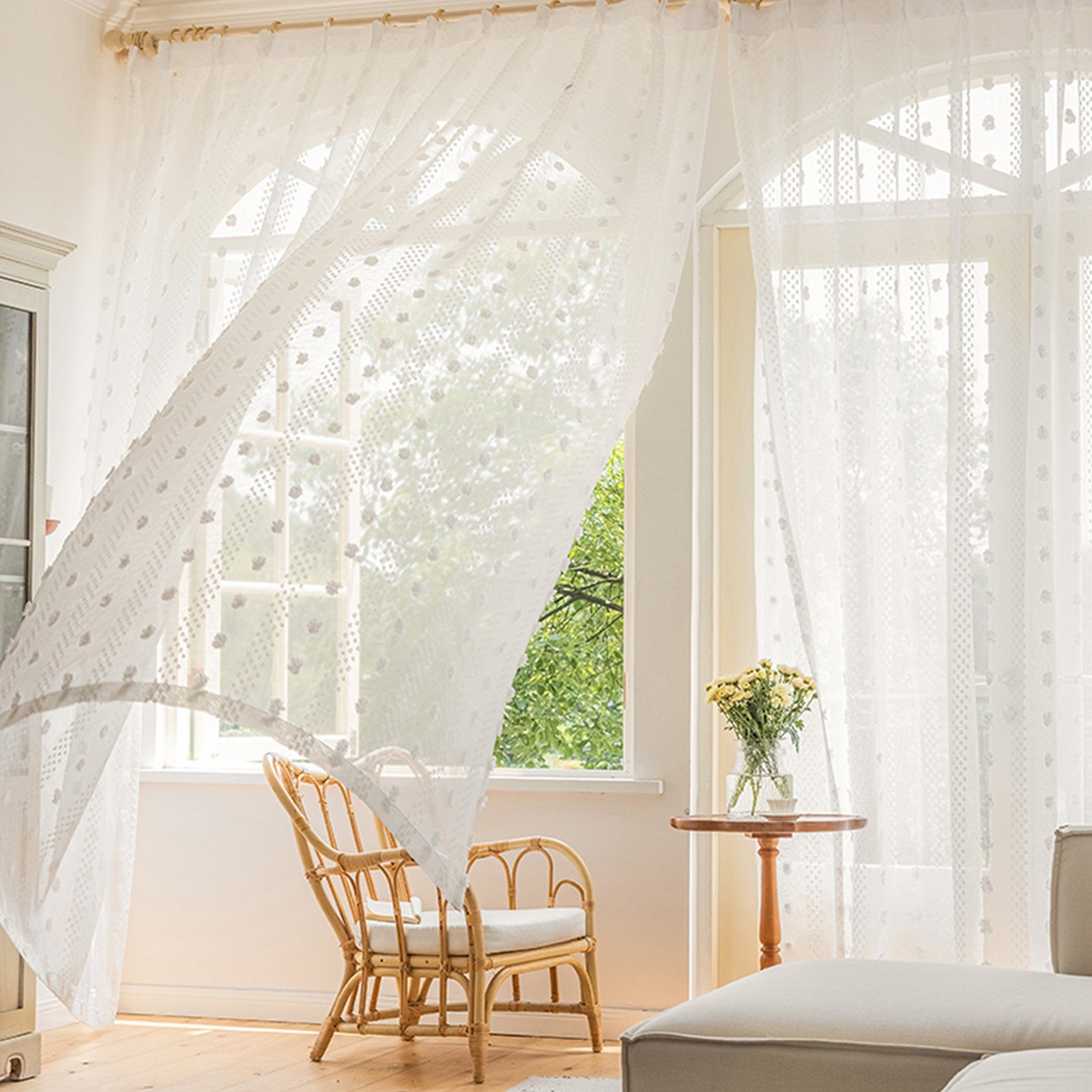 Gardine Halbtransparent Vorhänge, Stores mit Pompon Stabtasche Voile, 1/2er, Sunicol, (1 St), für Wohnzimmer Schlafzimmer, Kinderzimmer, Fensterschal, Weiß