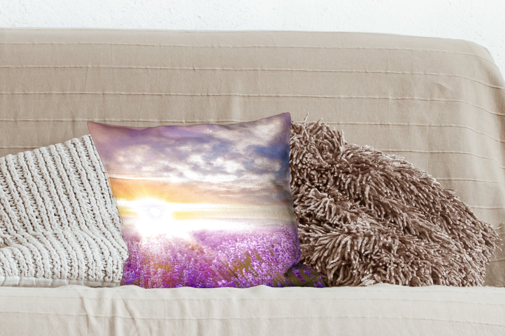 Sonne für Natur, Dekokissen - Schlafzimmer, Sofakissen Lavendel Himmel MuchoWow - Deko, mit - Zierkissen Füllung Wohzimmer,