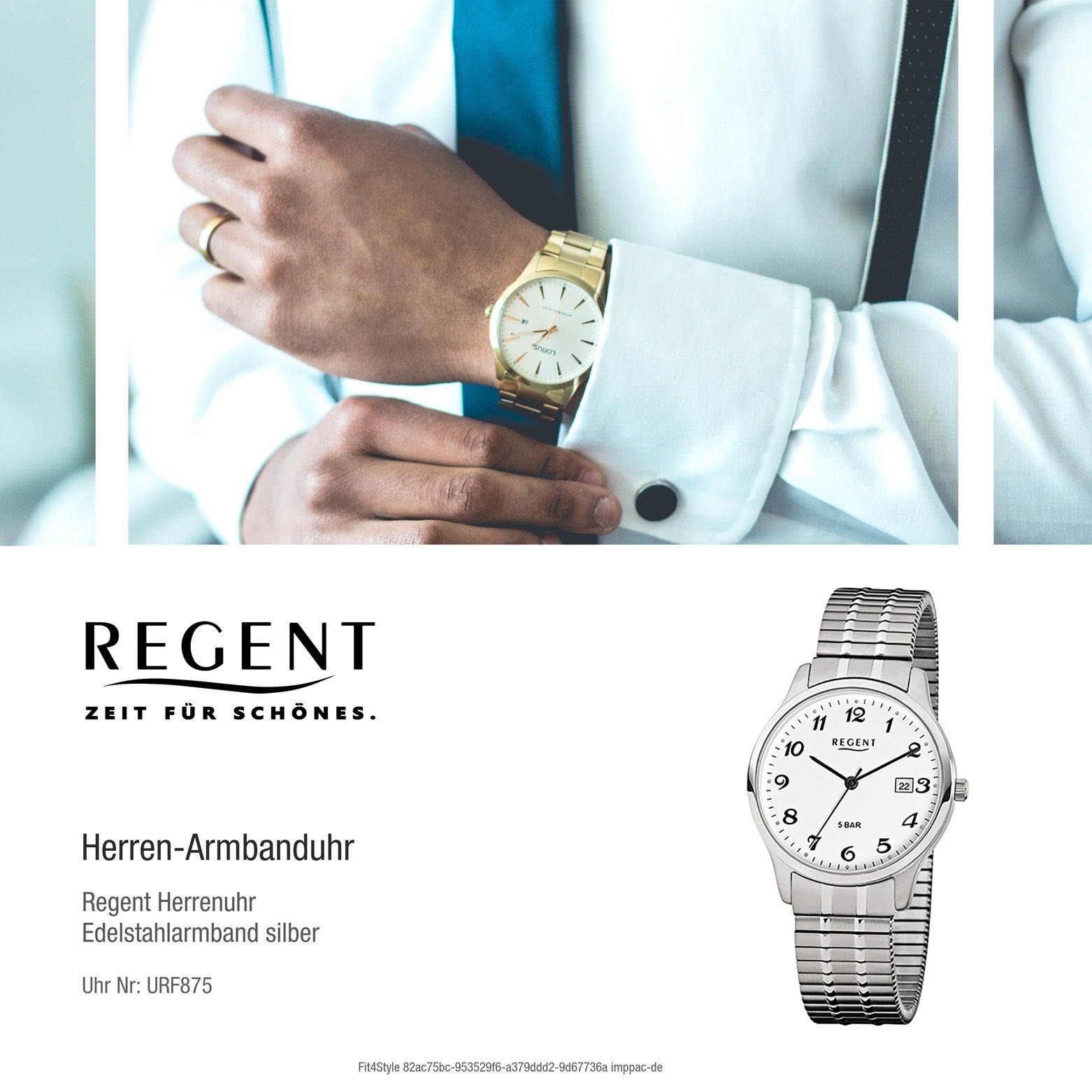 Herren-Armbanduhr rund, Regent mittel (ca. 36mm), Regent Herren silber Edelstahlarmband Quarzuhr Armbanduhr Analog,
