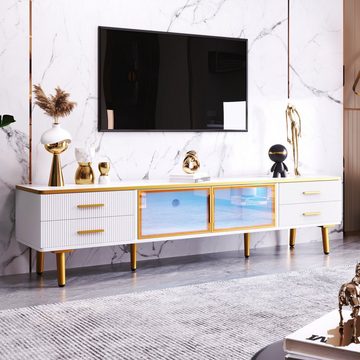 OKWISH TV-Schrank TV Schrank in Mamoroptik,Modernes TV-Lowboard für Wohnzimmer (4 Strukturierte Schubladen mit Goldenen Griffen, und zwei Braune Türen aus Gehärtetem Glas) für Wohnzimmer, 170*37*47,5cm