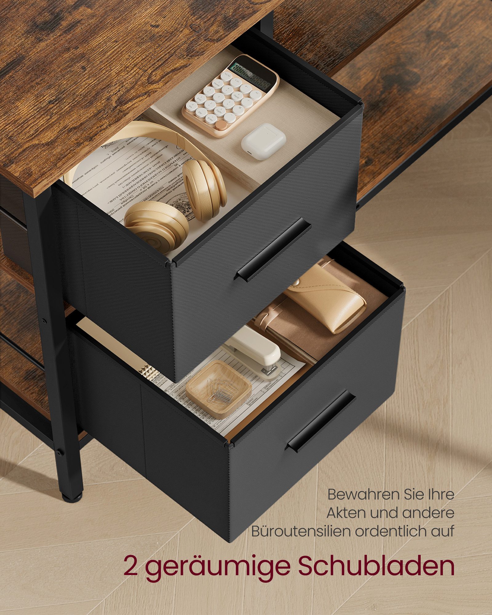 VASAGLE Eckschreibtisch L-förmiger Schreibtisch, 2 Schubladen, Computertisch, für Homeoffice, mit Monitorständer, mit verstellbarer Ablage, 135 x 105 cm