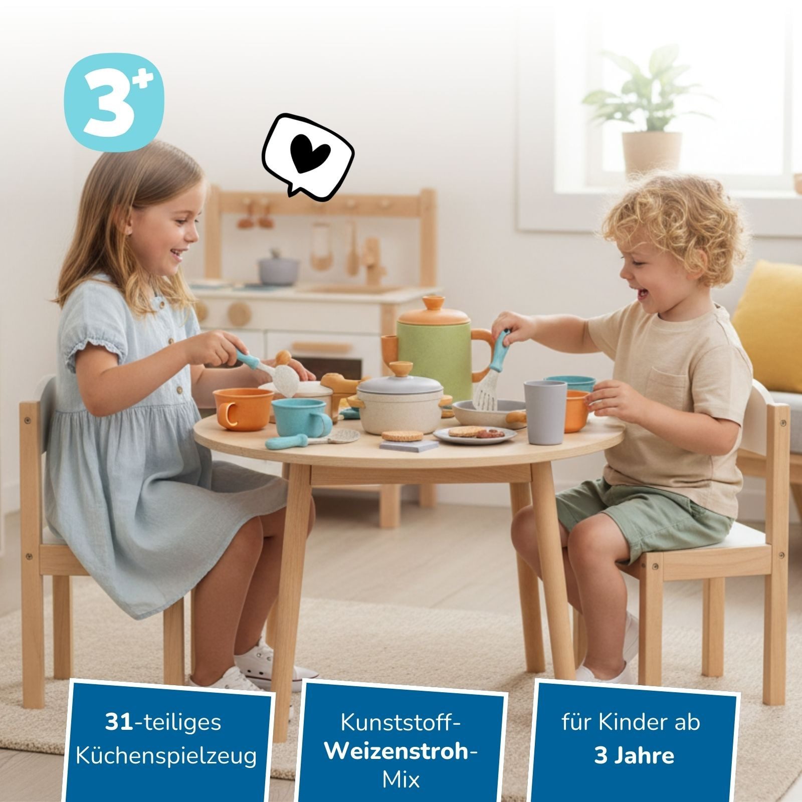 alldoro Spiel-Kochgeschirr Kaffeeservice mit Koch- und Geschirrset für die Kinderküche, 31-teilig, (31-tlg), Küchenspielzeug-Set für Kinder ab 3, mit Töpfen, Pfanne & Geschirr