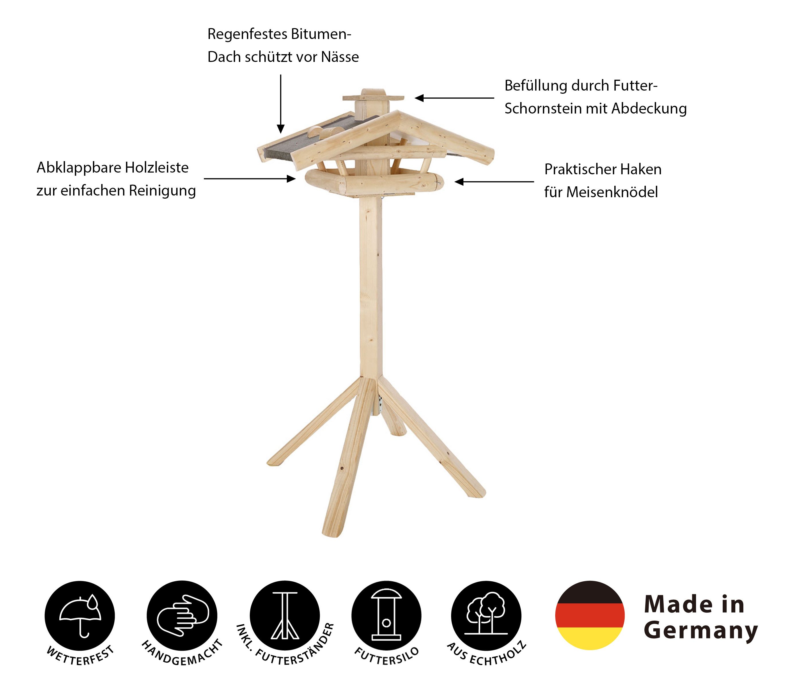 Dehner Vogelhaus Natura Wildvogel-Futterhaus Watzmann inkl. Ständer, 55 x 40 x 133 cm, hochwertiges Vogelhaus aus Fichtenholz