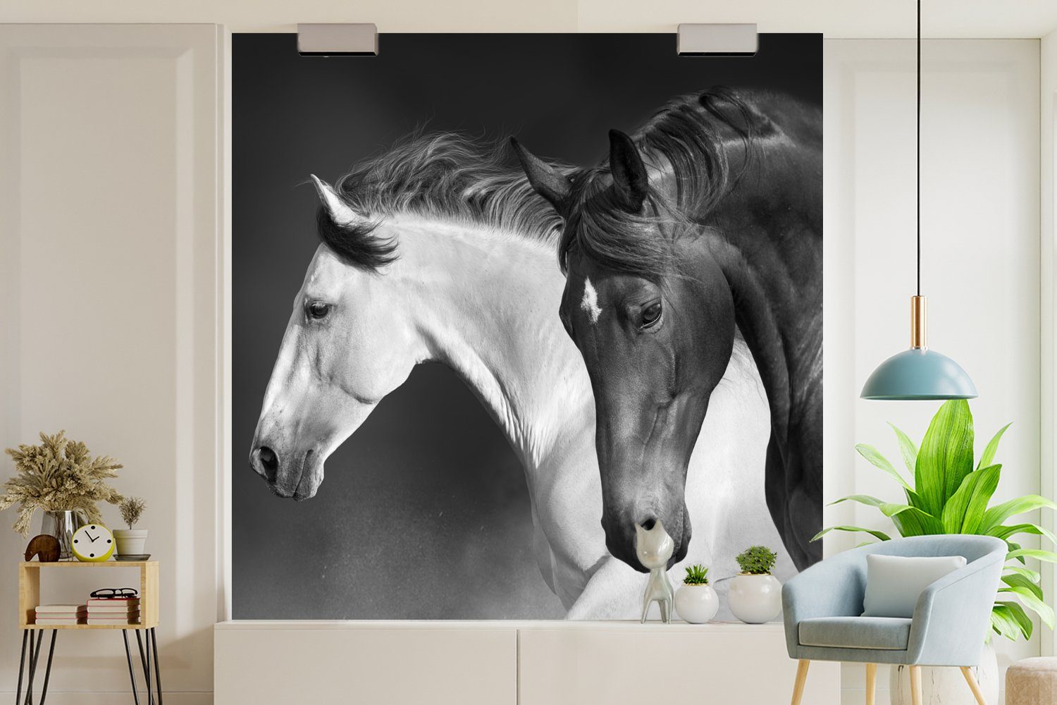 Porträt, Küche, Pferde Fototapete Matt, bedruckt, (4 St), - Wohnzimmer Fototapete Vliestapete Schlafzimmer Weiß für Tiere Schwarz - - - MuchoWow