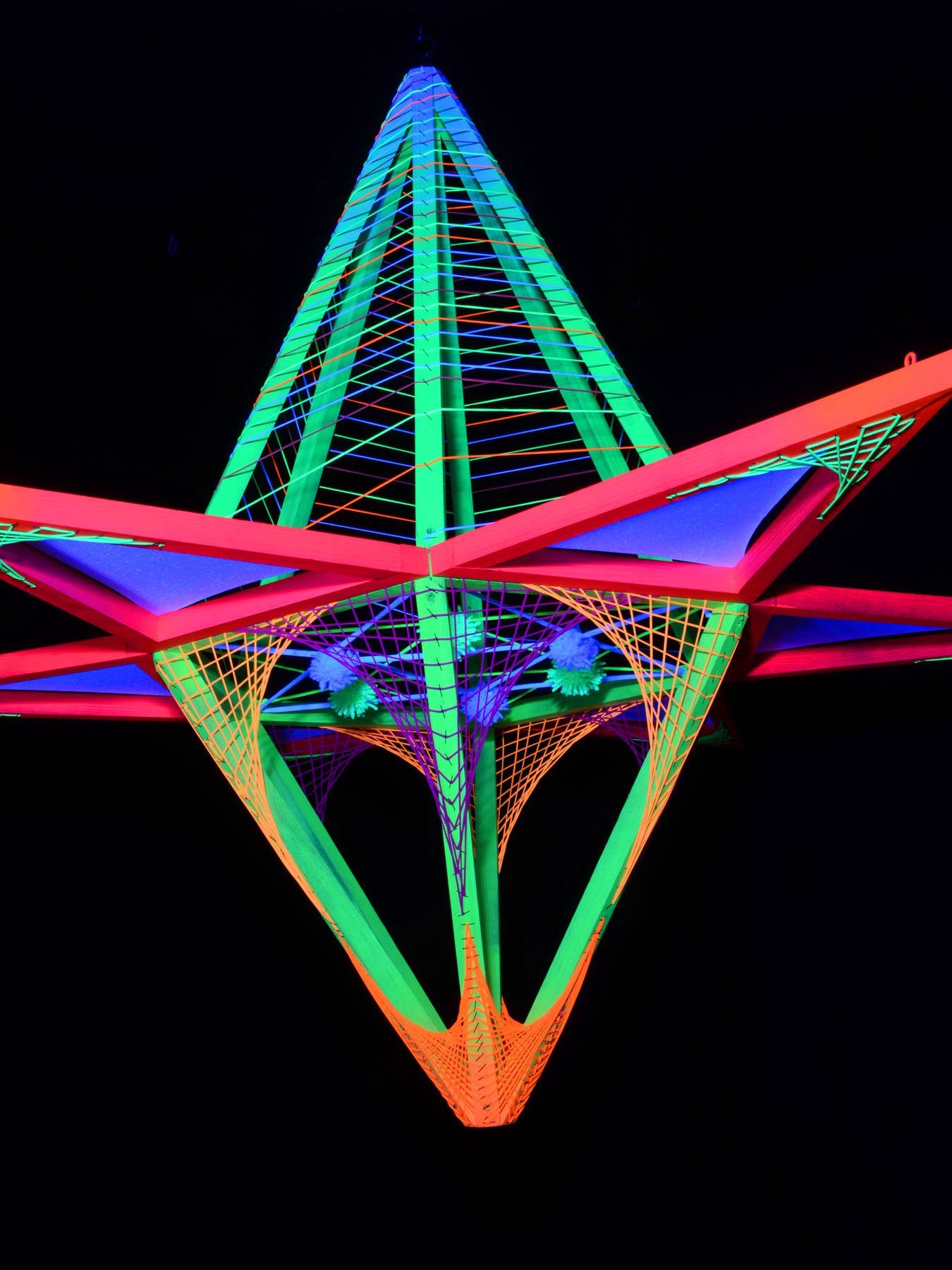PSYWORK Dekoobjekt "Neon StringArt leuchtet mit unter Sechseck UV-aktiv, 3D 1,30m, Dreiecken Schwarzlicht Flower" Schwarzlicht