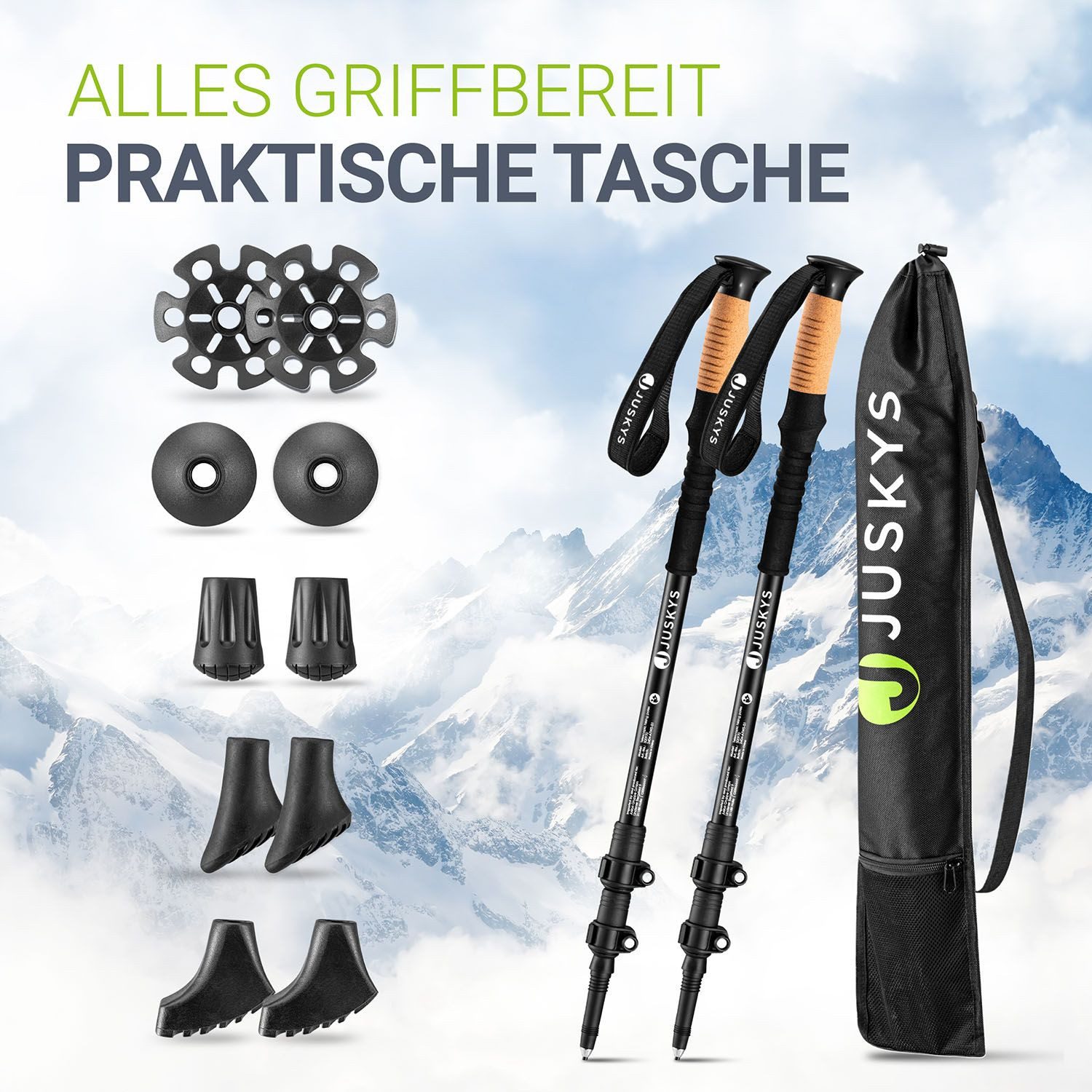 Juskys Wanderstöcke (2 St), Alu Teleskop, leicht & ausziehbar, für Damen & Herren, mit Zubehör