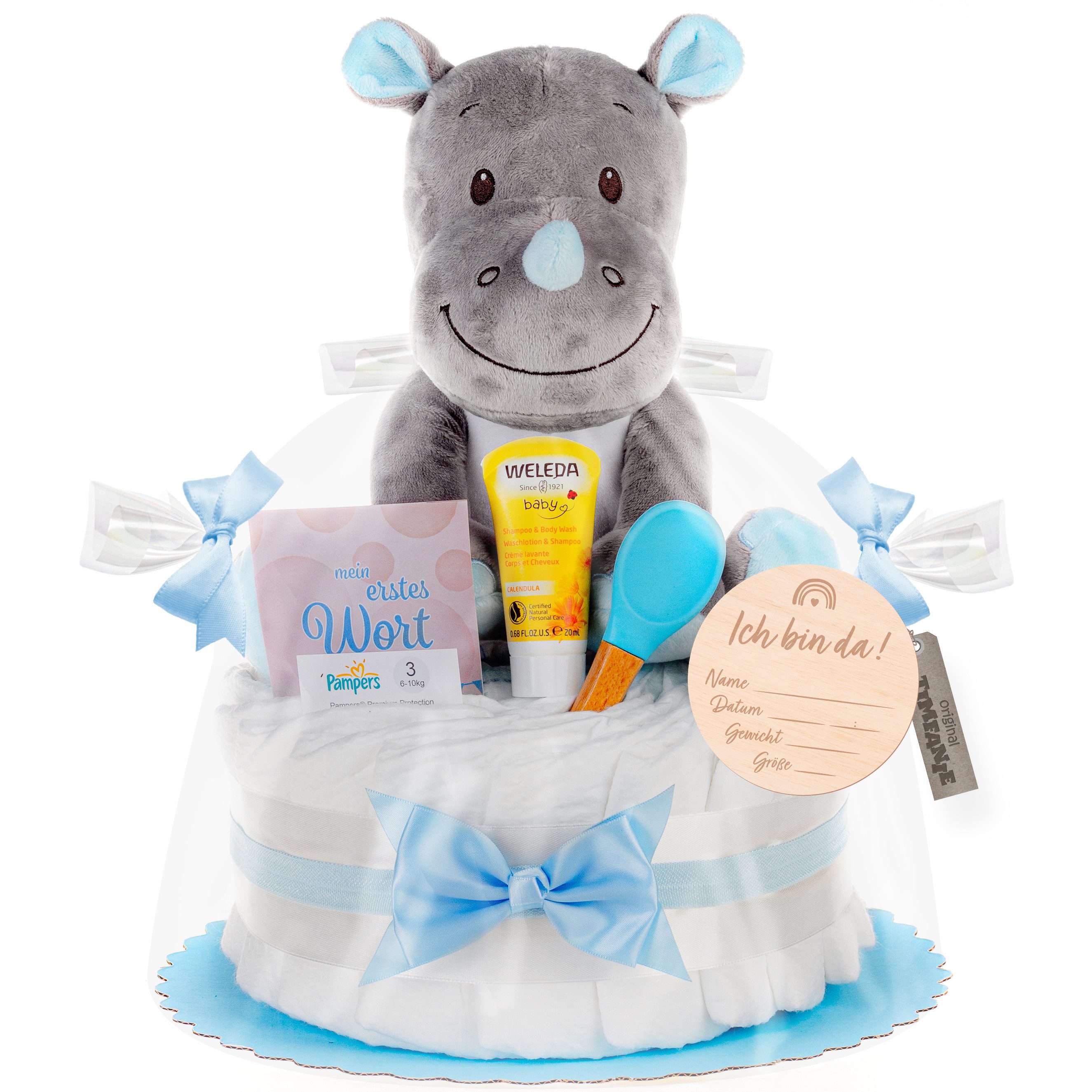 Timfanie Windeln Windeltorte, Kuschel Nashorn, blau, 0-8 Monate (Handgefertigtes Geschenk - In Folie gehüllt, mit Schleifen verziert, 28-St., 20 Pampers Premium, 1 Marken-Kuscheltie, wertige Accessoires), Das Perfekte Geschenk zur Geburt oder Babyparty.