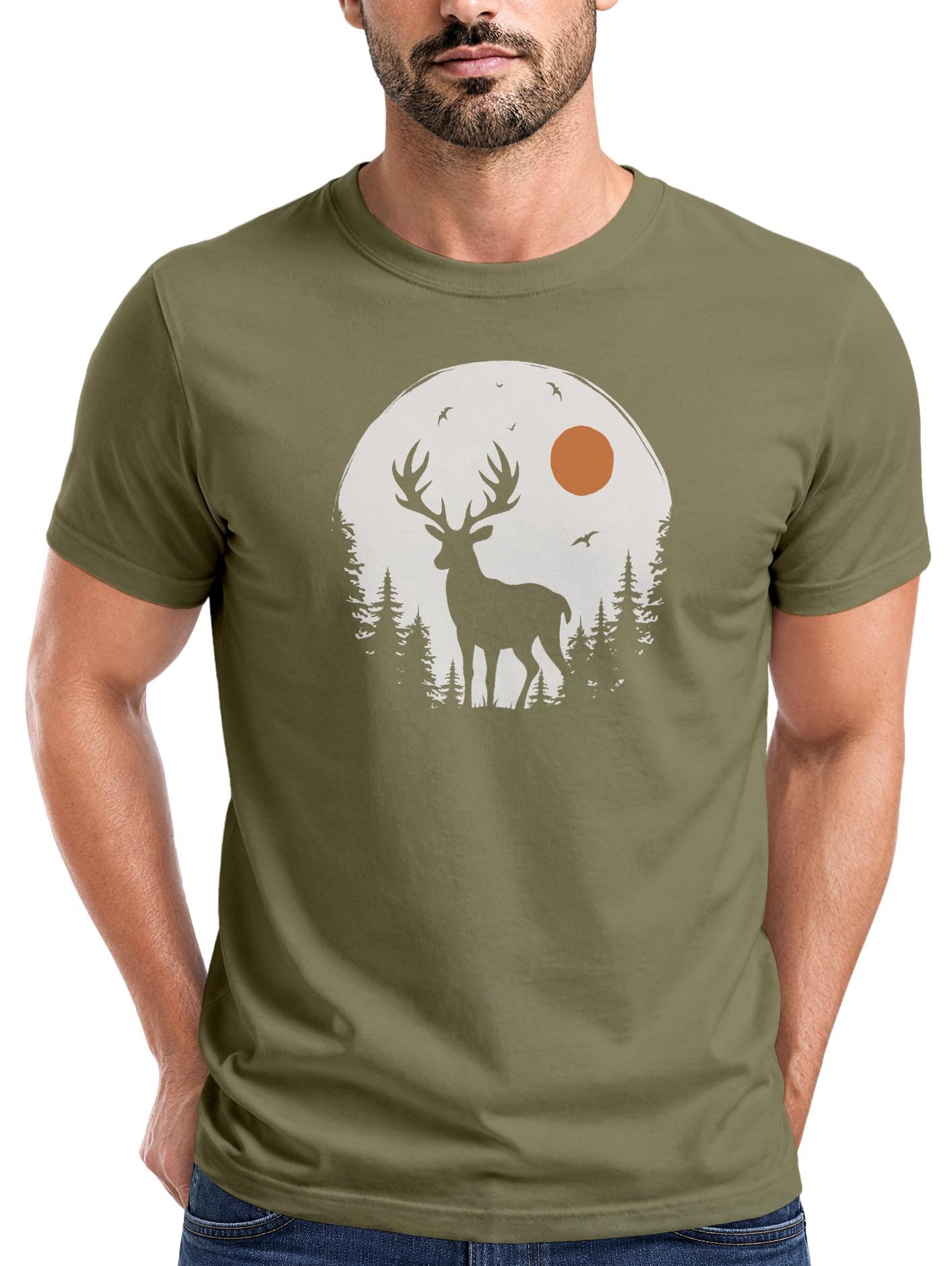 Neverless Print-Shirt Herren T-Shirt Frontprint Hirsch Wald Outdoor Natur Wildnis mit Print