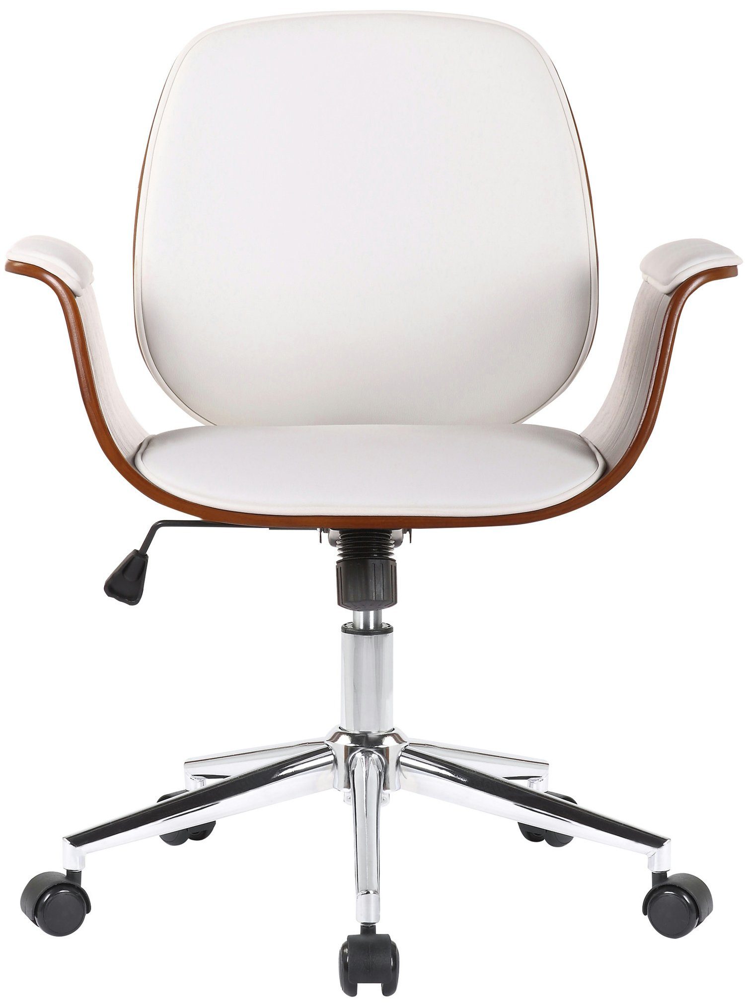 Keegan Rückenlehne TPFLiving Metall Chefsessel, chrom mit Sitz: 360° Bürostuhl (Schreibtischstuhl, drehbar - höhenverstellbar Konferenzstuhl), - und Gestell: walnuss/weiß Kunstleder bequemer Drehstuhl,