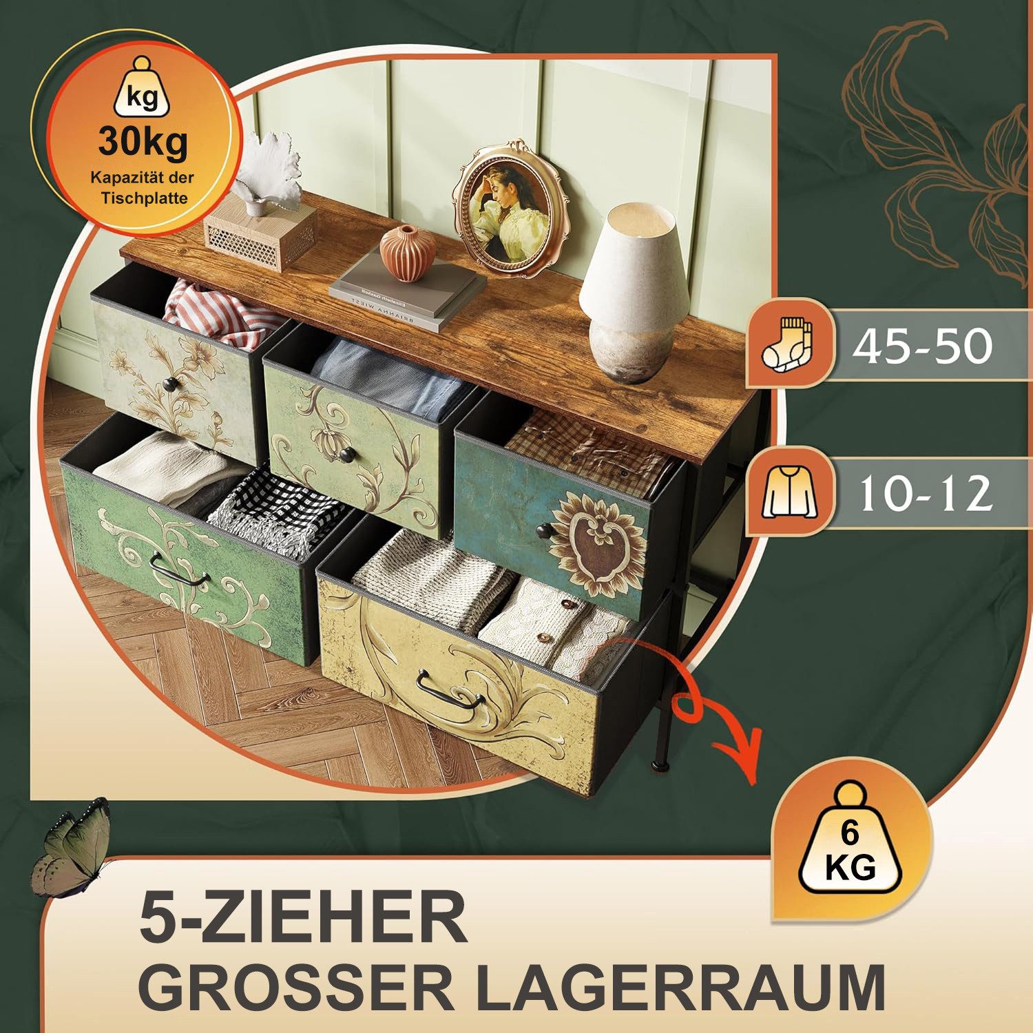 FUROKOY Kommode (Stauraumschrank mit 5 Schubladen, Böhmische Stoffkommode für Schlafzimmer Geeignet Wohnzimmer Flur) – Bild 5 von 5