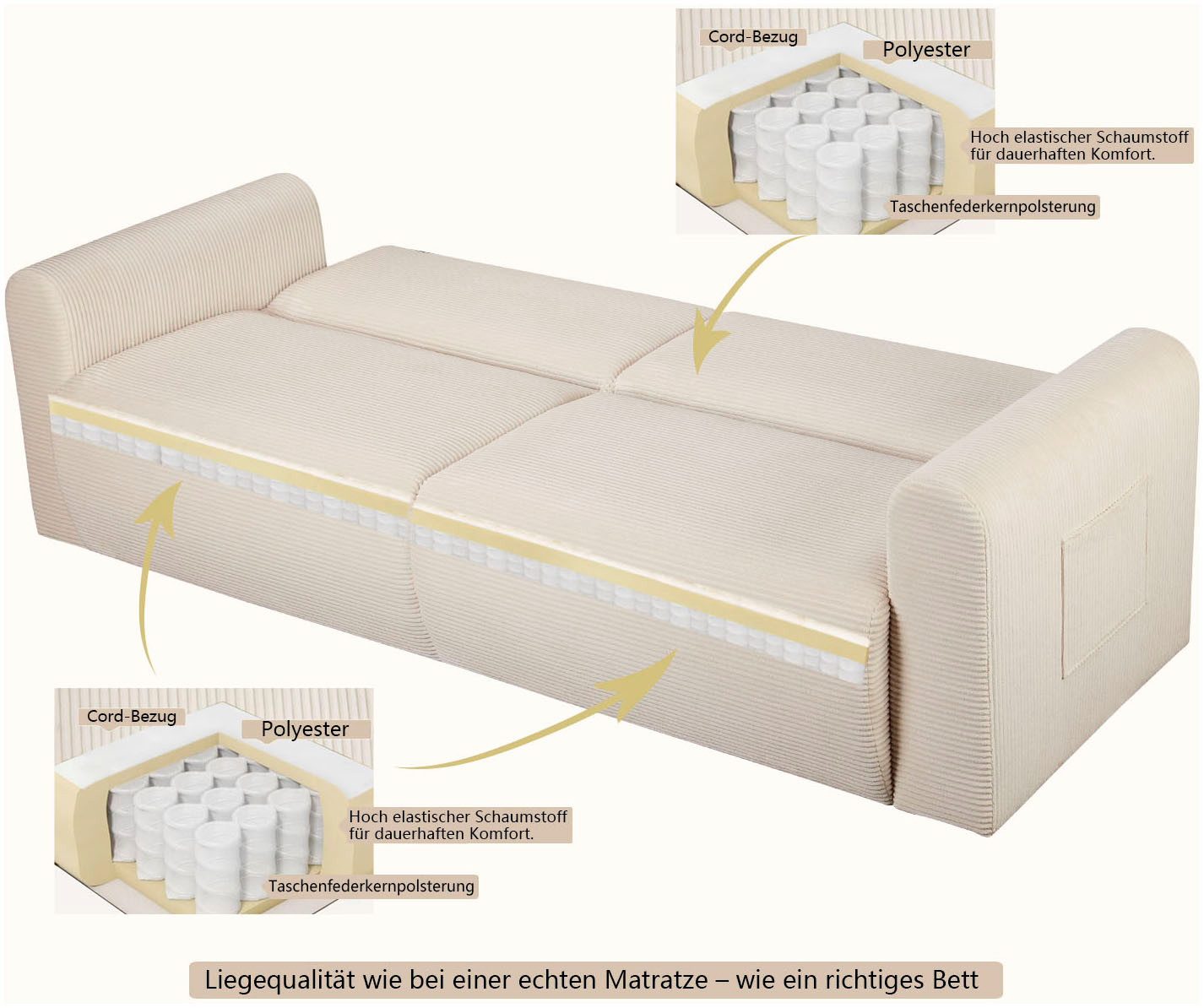 OTTO home 3-Sitzer JONAA Schlafsofa 225 cm, Liegefläche 105/187 cm, softer Cord-Bezug – Bild 4 von 5