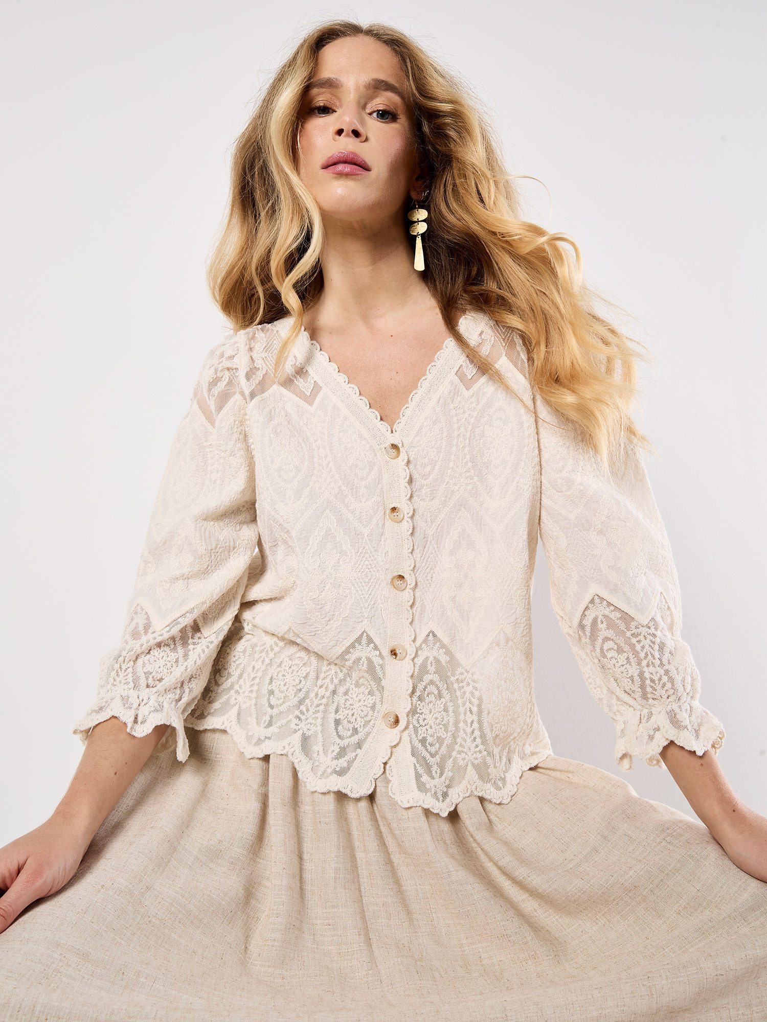 Apricot Spitzenshirt Diamonds Tiles Embroidered Top, günstig online kaufen