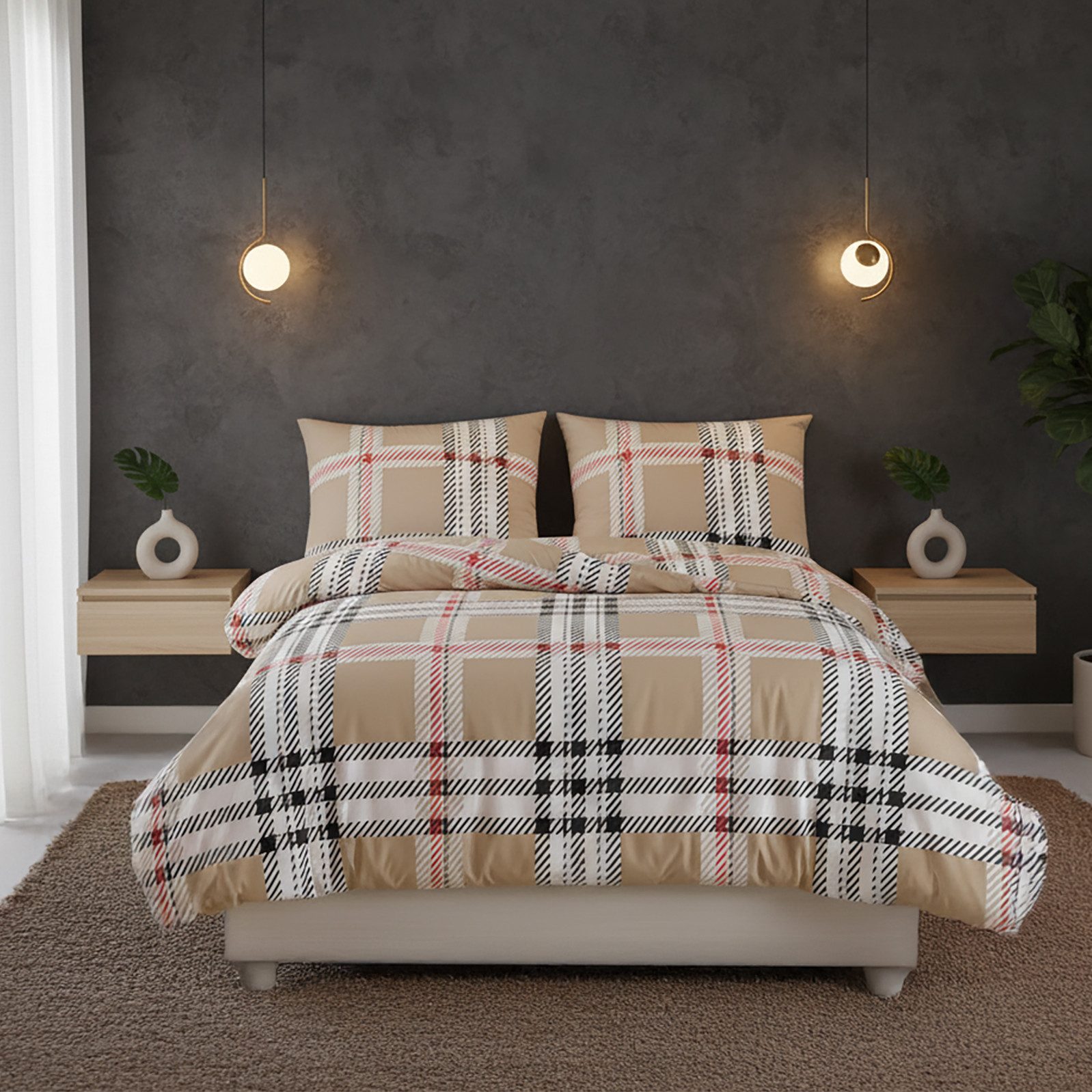 Buymax Bettwäsche Jurado, Bettgarnitur, Bettbezug Set, Renforce: 100% Baumwolle, 2 teilig, mit Reißverschluss, gemustert, Karo, Beige, 135x200 cm