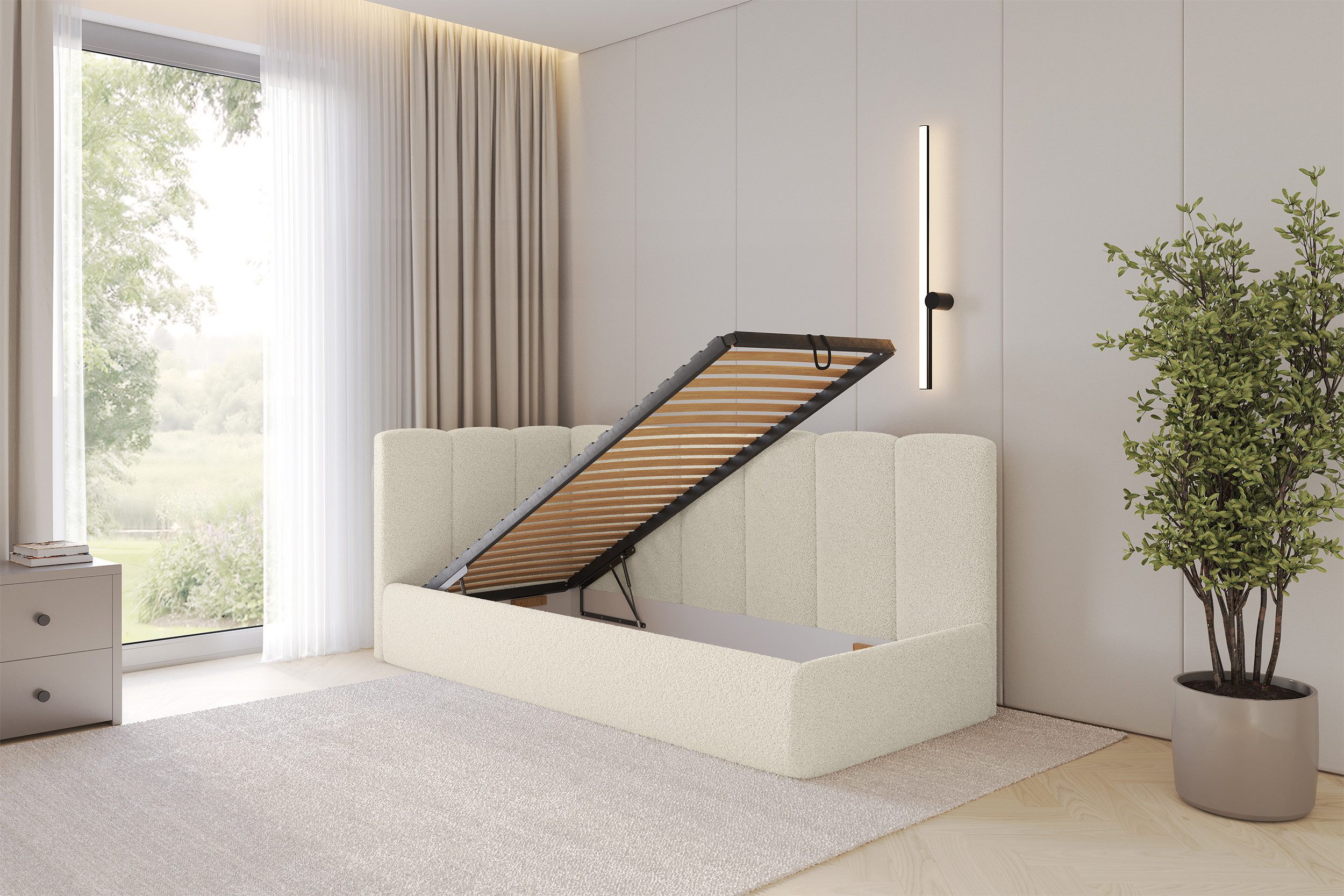ALTDECOR Jugendbett DEXY (Jugendbett mit Bettkasten und Lattenrost, Polsterbett ohne Matratze), Einzelbett mit Stauraum, Bett mit Kopfteil
