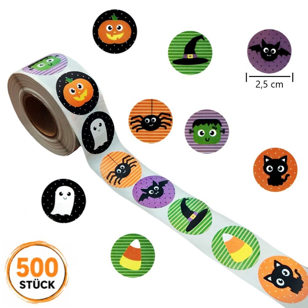 Ware aus aller Welt Sticker 500 Halloween Sticker – 8 Motive, rund 2,5 cm, selbstklebend, (500-tlg)